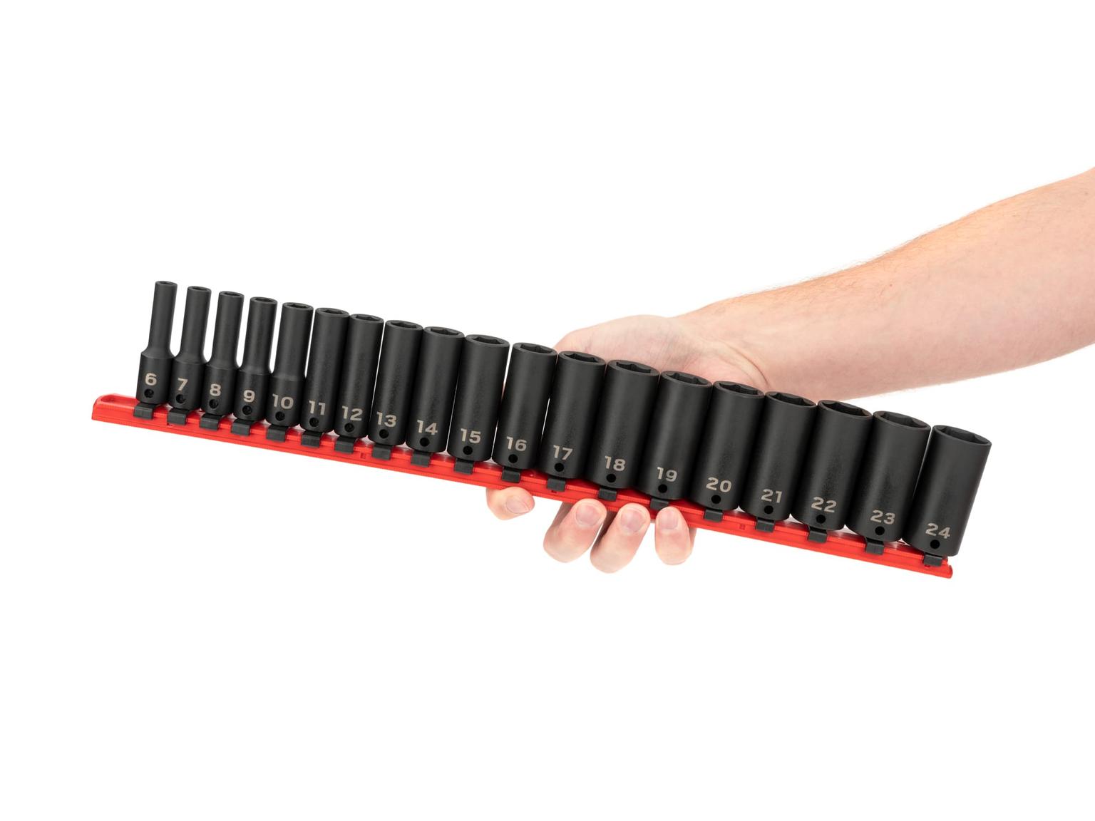 TEKTON SID91107-T 3/8 Inch Drive Deep 6-Point Impact Socket Set with Rail, 19-Piece (6-24 mm)