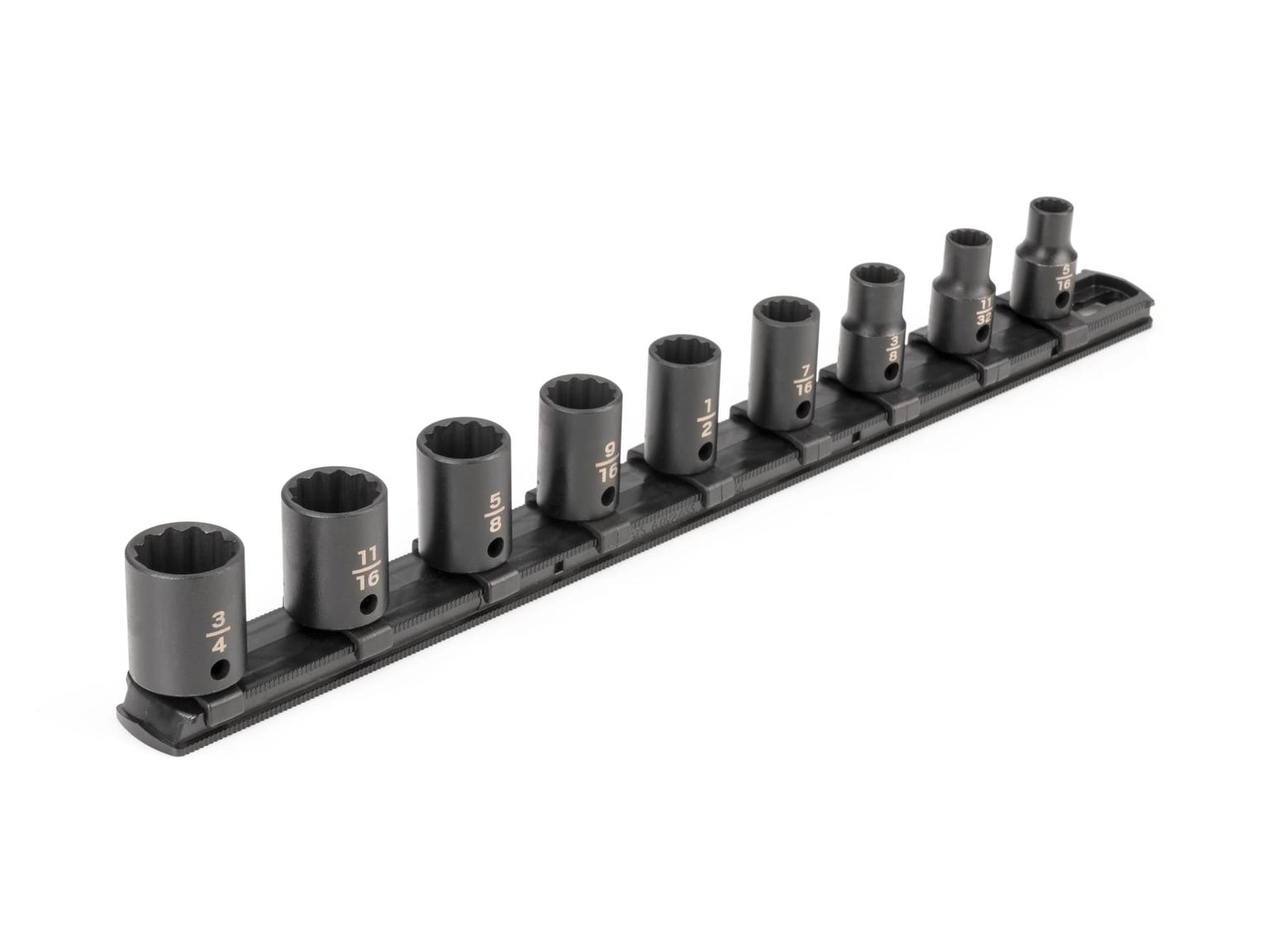 TEKTON SID91108-T 3/8 Inch Drive 12-Point Impact Socket Set with Rail, 9-Piece (5/16-3/4 in.)