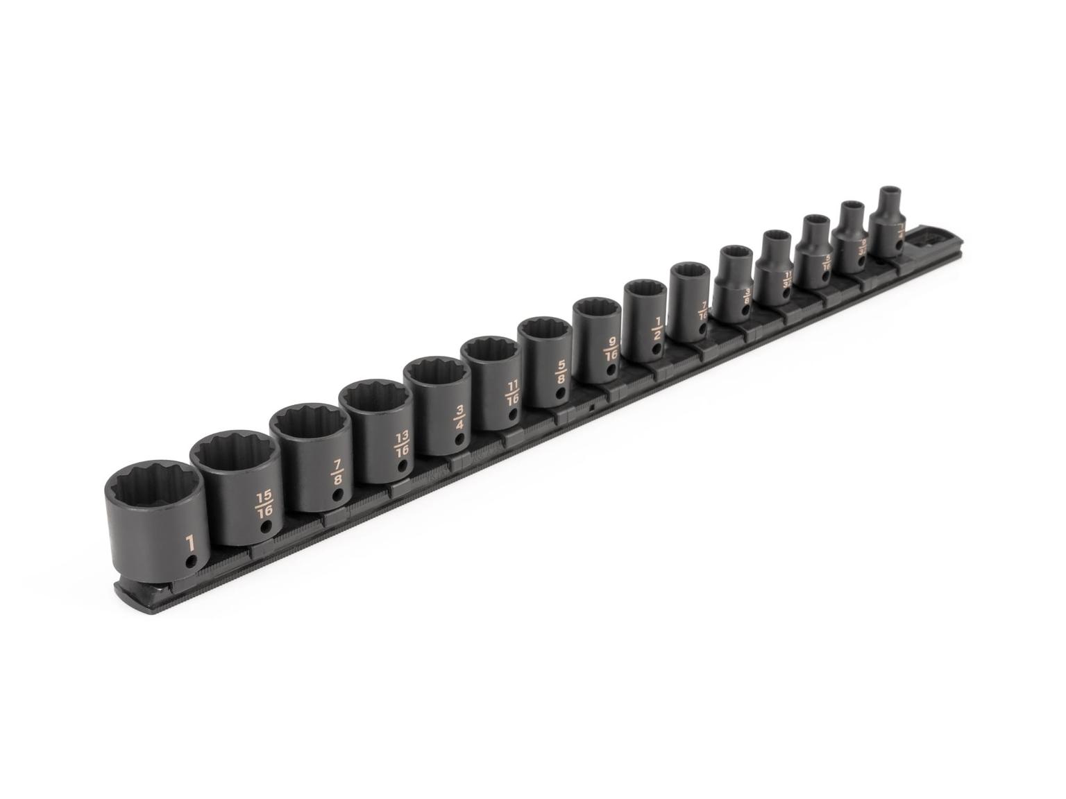 TEKTON SID91112-T 3/8 Inch Drive 12-Point Impact Socket Set with Rail, 15-Piece (1/4-1 in.)