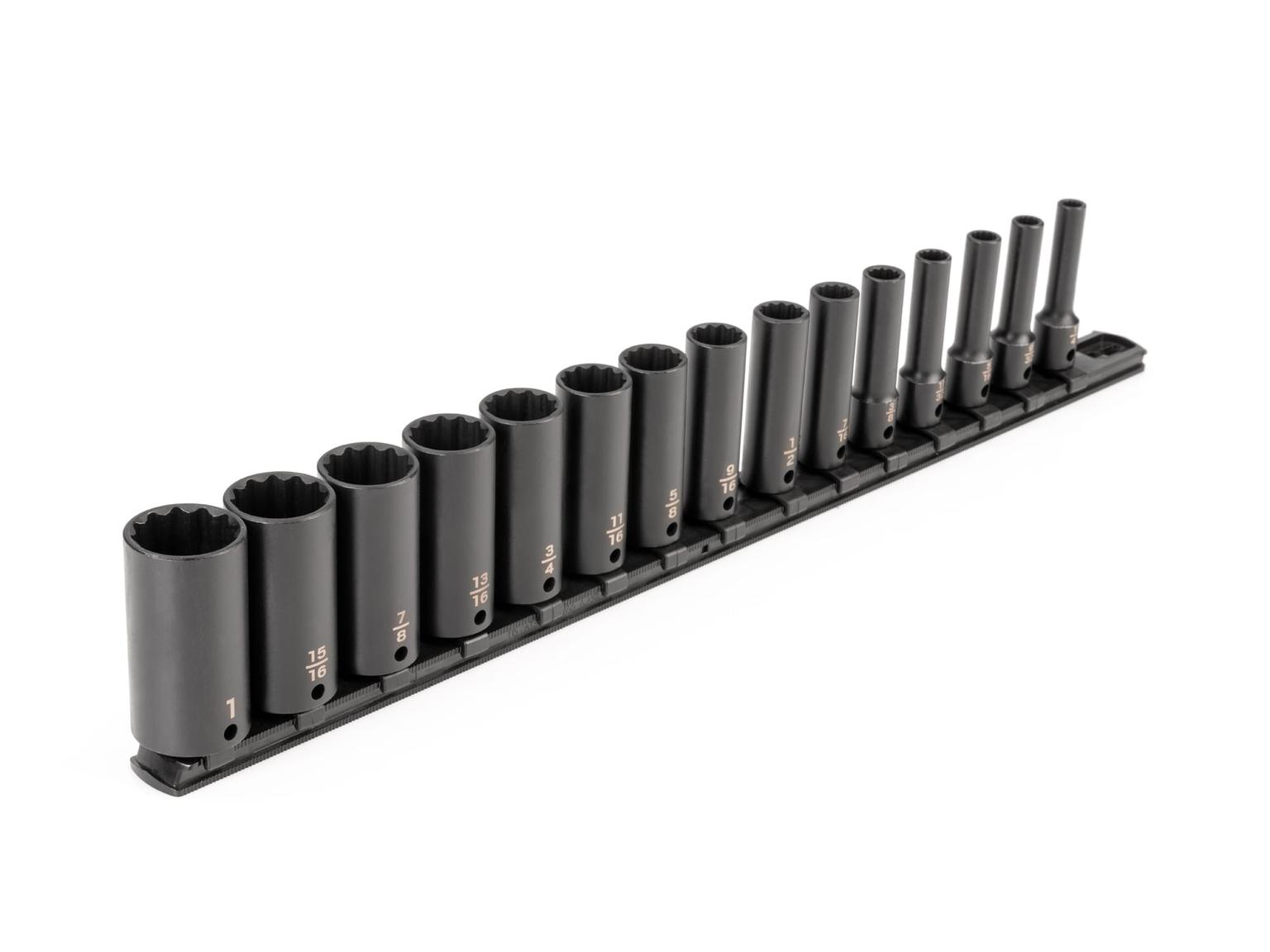 TEKTON SID91113-T 3/8 Inch Drive Deep 12-Point Impact Socket Set with Rail, 15-Piece (1/4-1 in.)