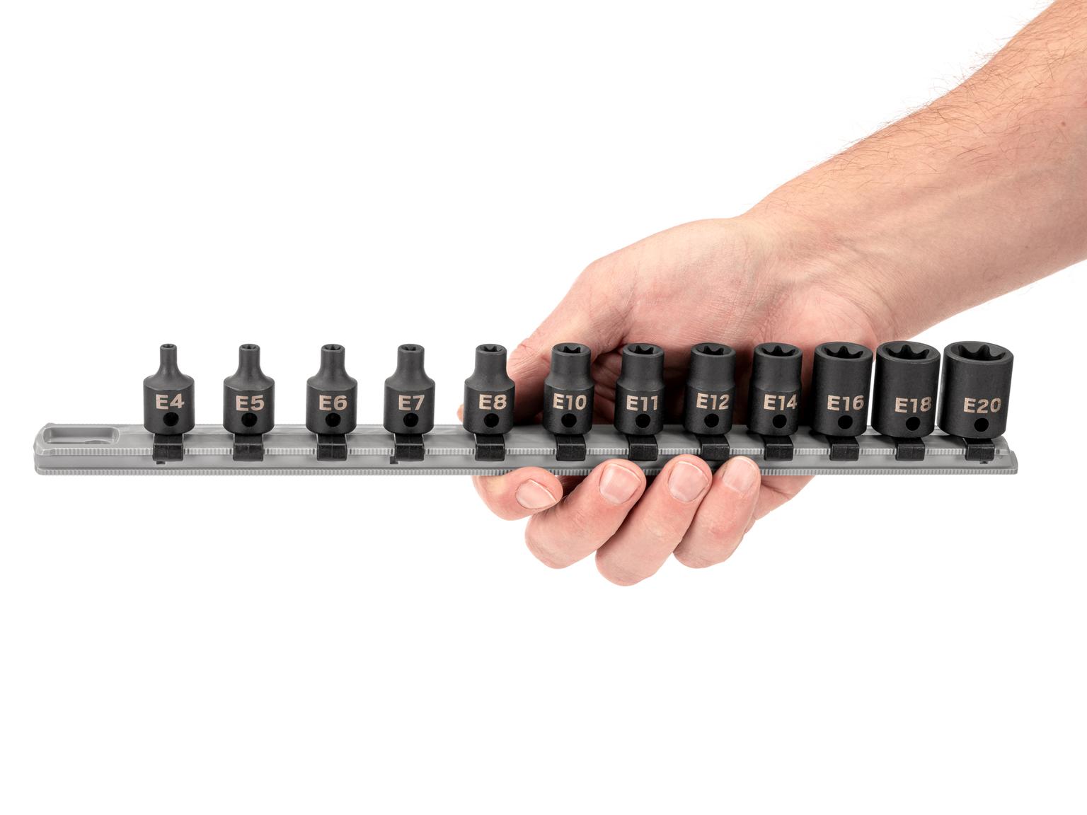 TEKTON SID91116-T 3/8 Inch Drive External Star Impact Socket Set with Rail, 12-Piece (E4 - E20)