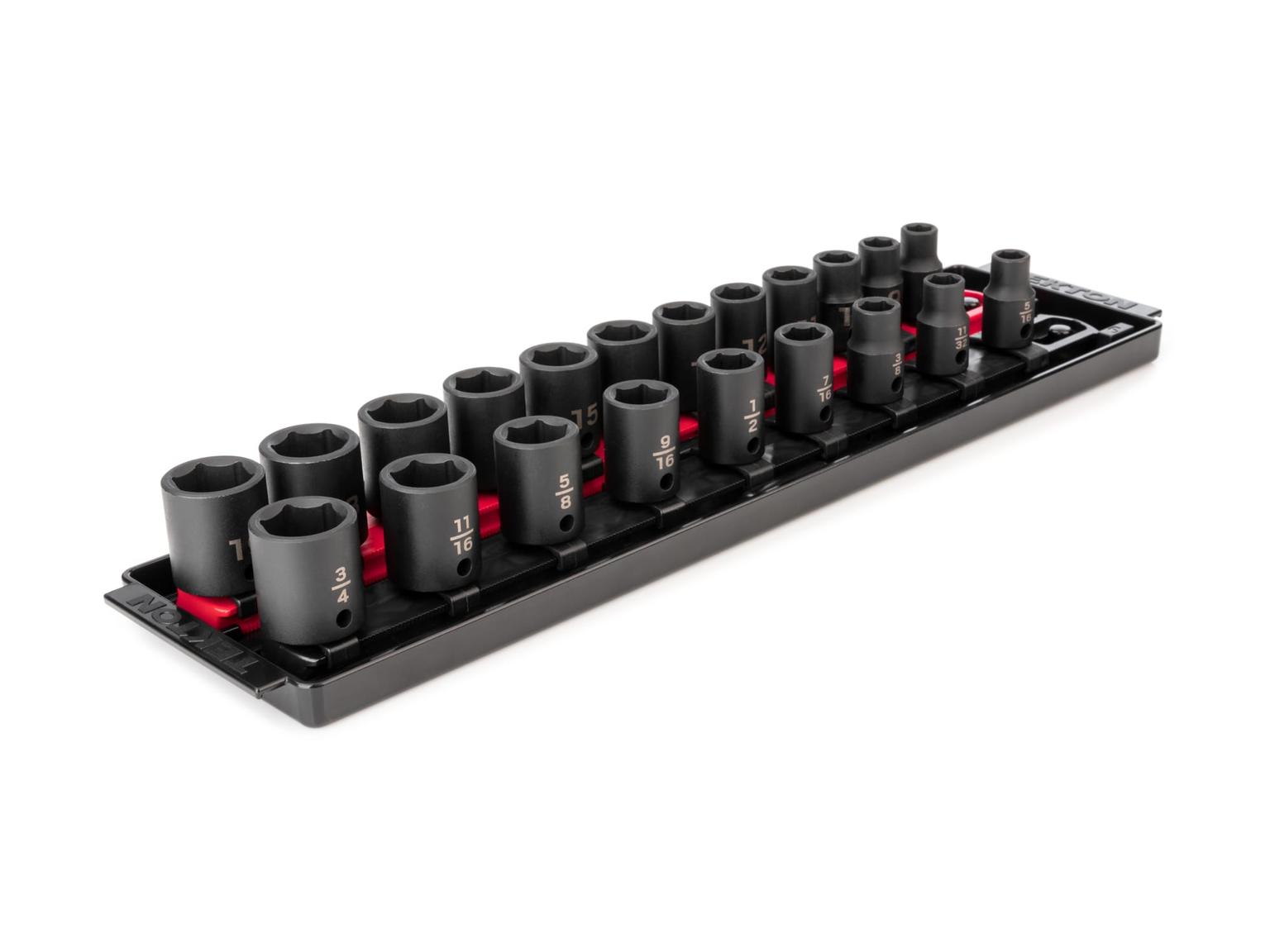 TEKTON SID91200-T 3/8 Inch Drive 6-Point Impact Socket Set, 21-Piece (5/16-3/4 in., 8-19 mm) with Rails