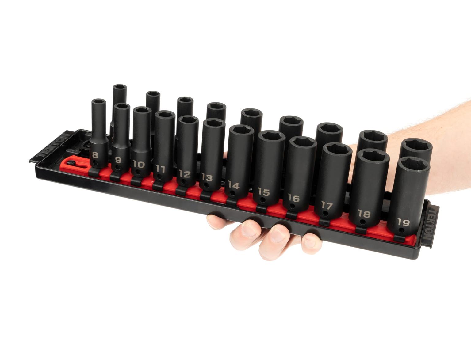 TEKTON SID91201-T 3/8 Inch Drive Deep 6-Point Impact Socket Set, 21-Piece (5/16-3/4 in., 8-19 mm) with Rails
