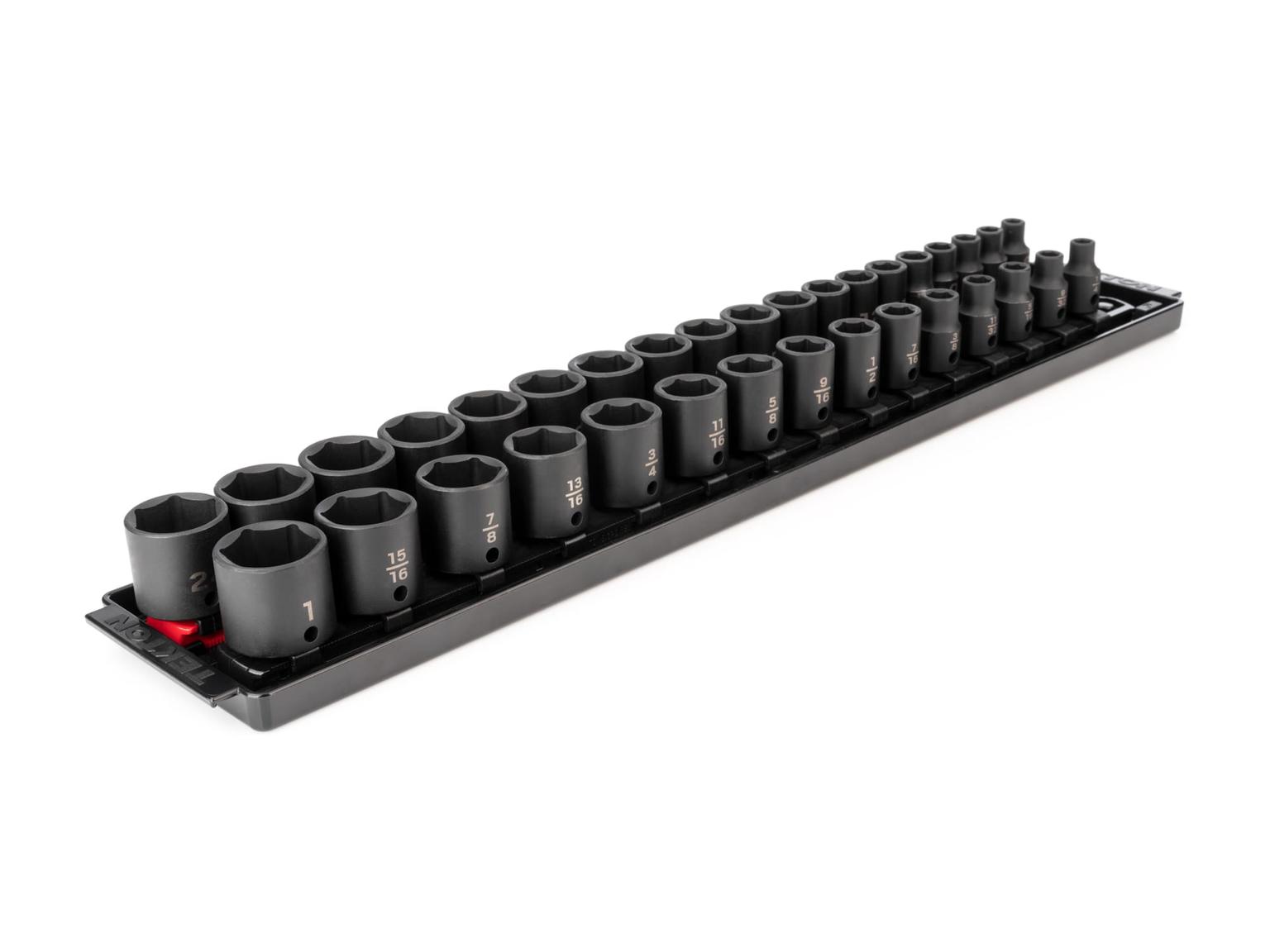 TEKTON SID91202-T 3/8 Inch Drive 6-Point Impact Socket Set, 34-Piece (1/4-1 in, 6-24 mm) with Rails