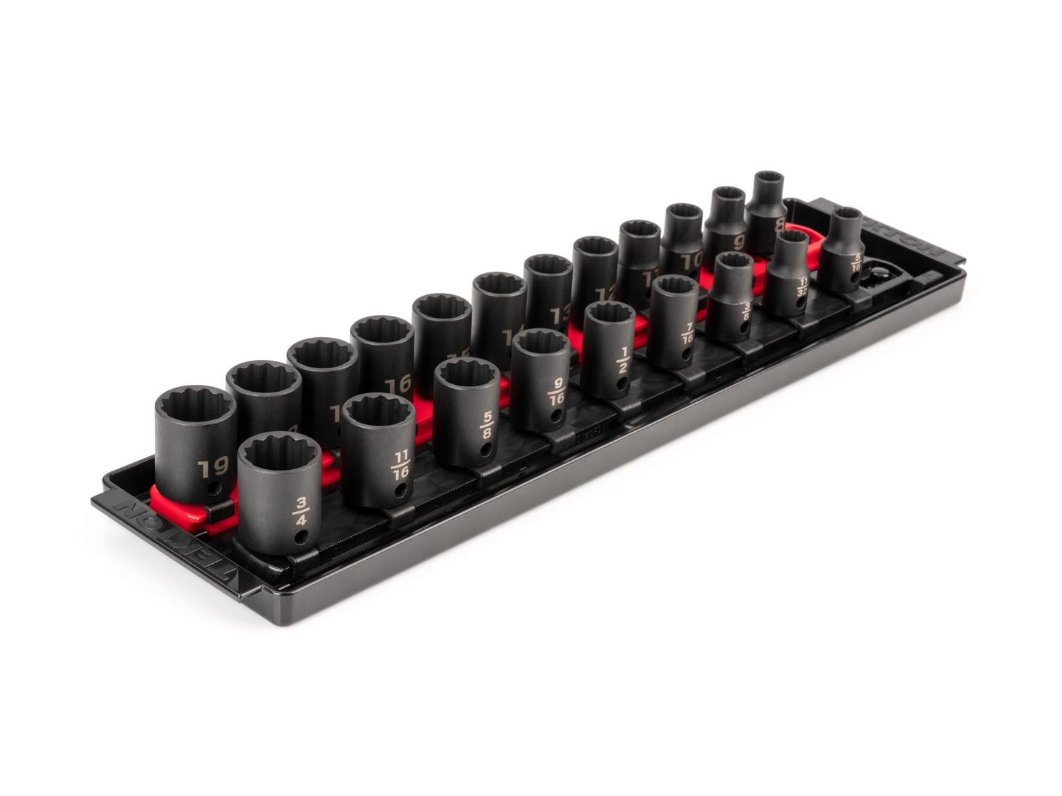 TEKTON SID91204-T 3/8 Inch Drive 12-Point Impact Socket Set, 21-Piece (5/16-3/4 in., 8-19 mm) with Rails