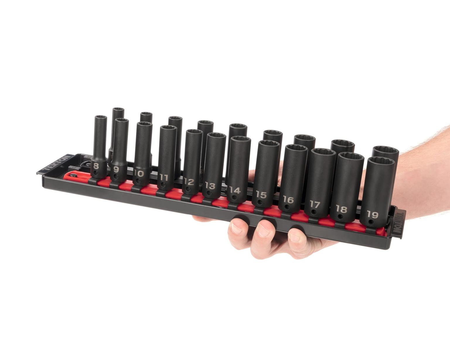 TEKTON SID91205-T 3/8 Inch Drive Deep 12-Point Impact Socket Set, 21-Piece (5/16-3/4 in., 8-19 mm) with Rails