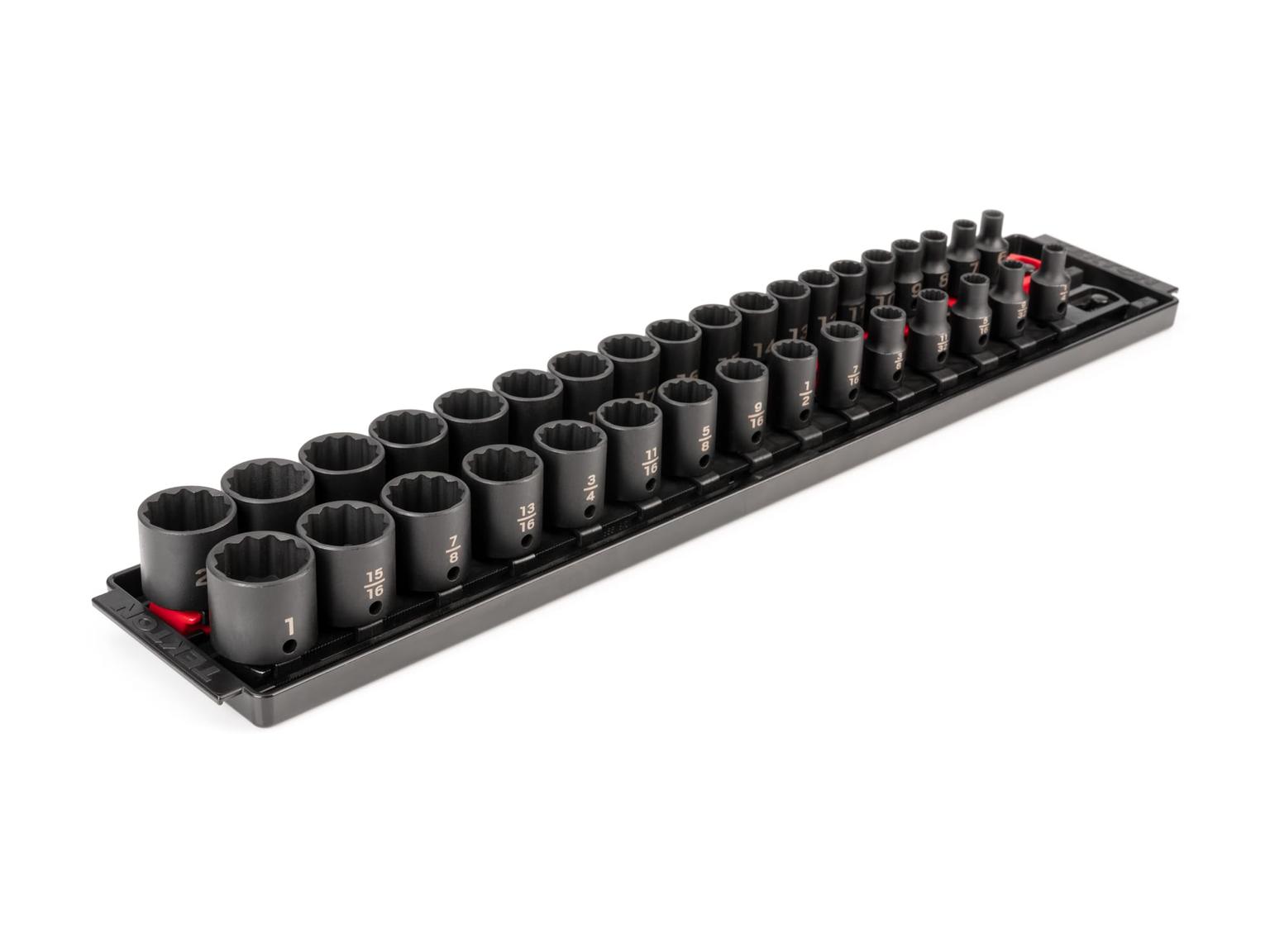 TEKTON SID91206-T 3/8 Inch Drive 12-Point Impact Socket Set, 34-Piece (1/4-1 in., 6-24 mm) with Rails