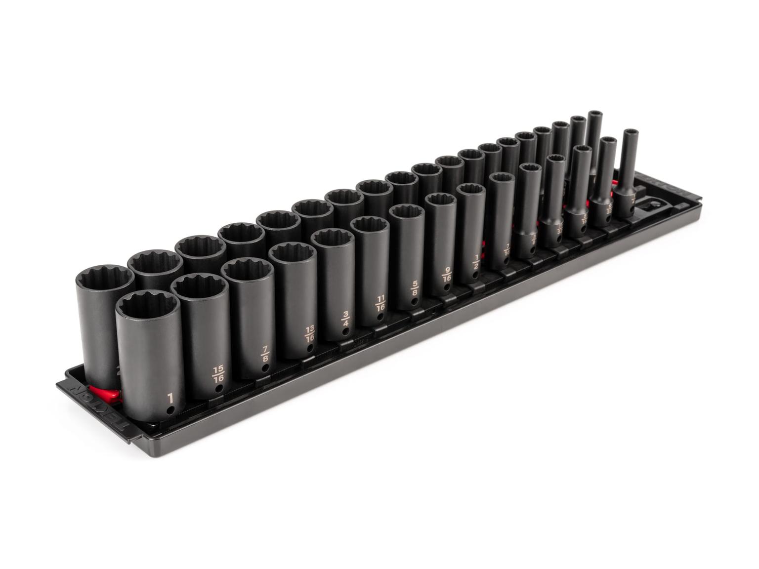TEKTON SID91207-T 3/8 Inch Drive Deep 12-Point Impact Socket Set, 34-Piece (1/4-1 in., 6-24 mm) with Rails