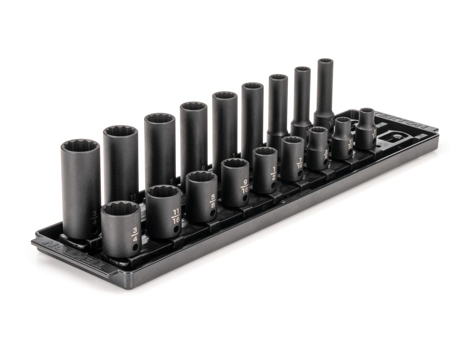 TEKTON SID91212-T 3/8 Inch Drive 12-Point Impact Socket Set with Rails, 18-Piece (5/16-3/4 in.)