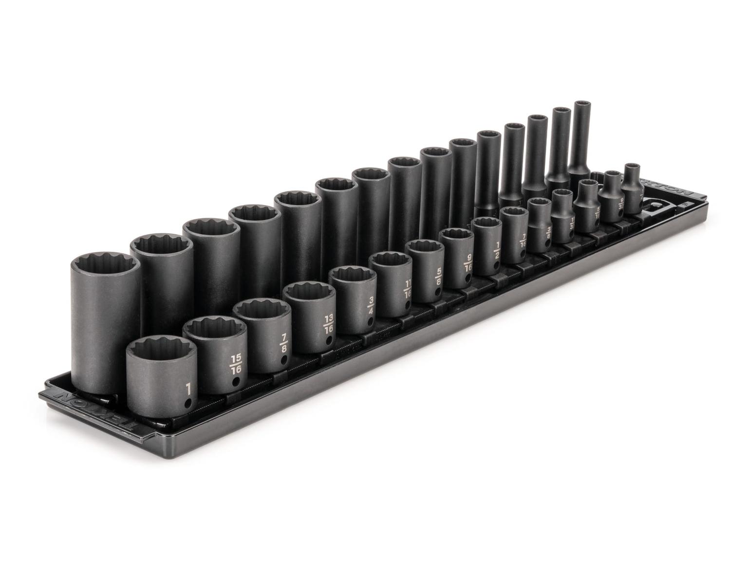 TEKTON SID91214-T 3/8 Inch Drive 12-Point Impact Socket Set with Rails, 30-Piece (1/4-1 in.)