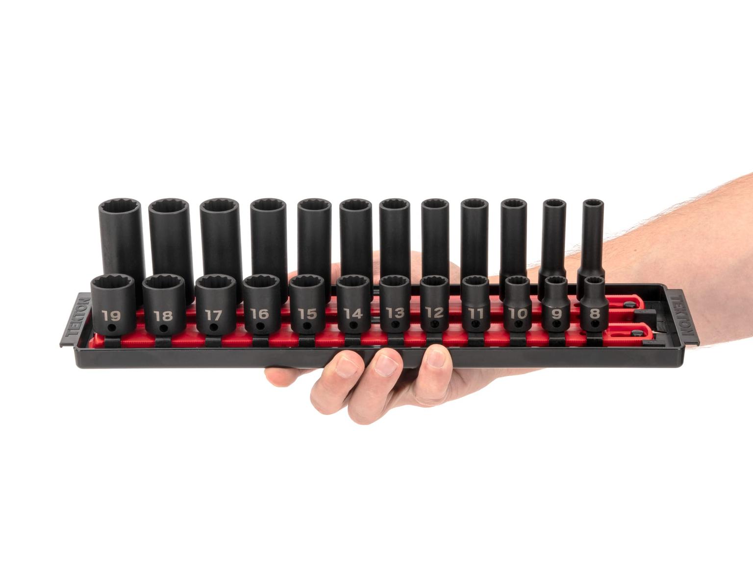 TEKTON SID91217-T 3/8 Inch Drive 12-Point Impact Socket Set with Rails, 42-Piece (5/16-3/4 in., 8-19 mm)