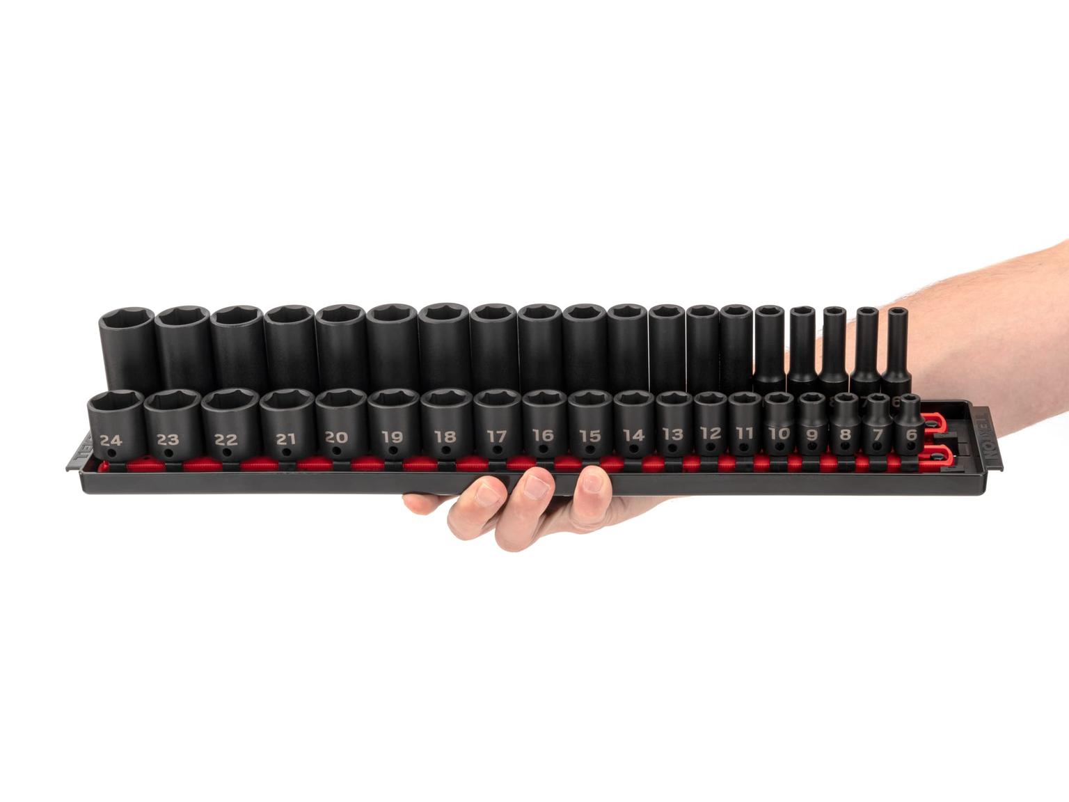 TEKTON SID91218-T 3/8 Inch Drive 6-Point Impact Socket Set with Rails, 68-Piece (1/4-1 in., 6-24 mm)