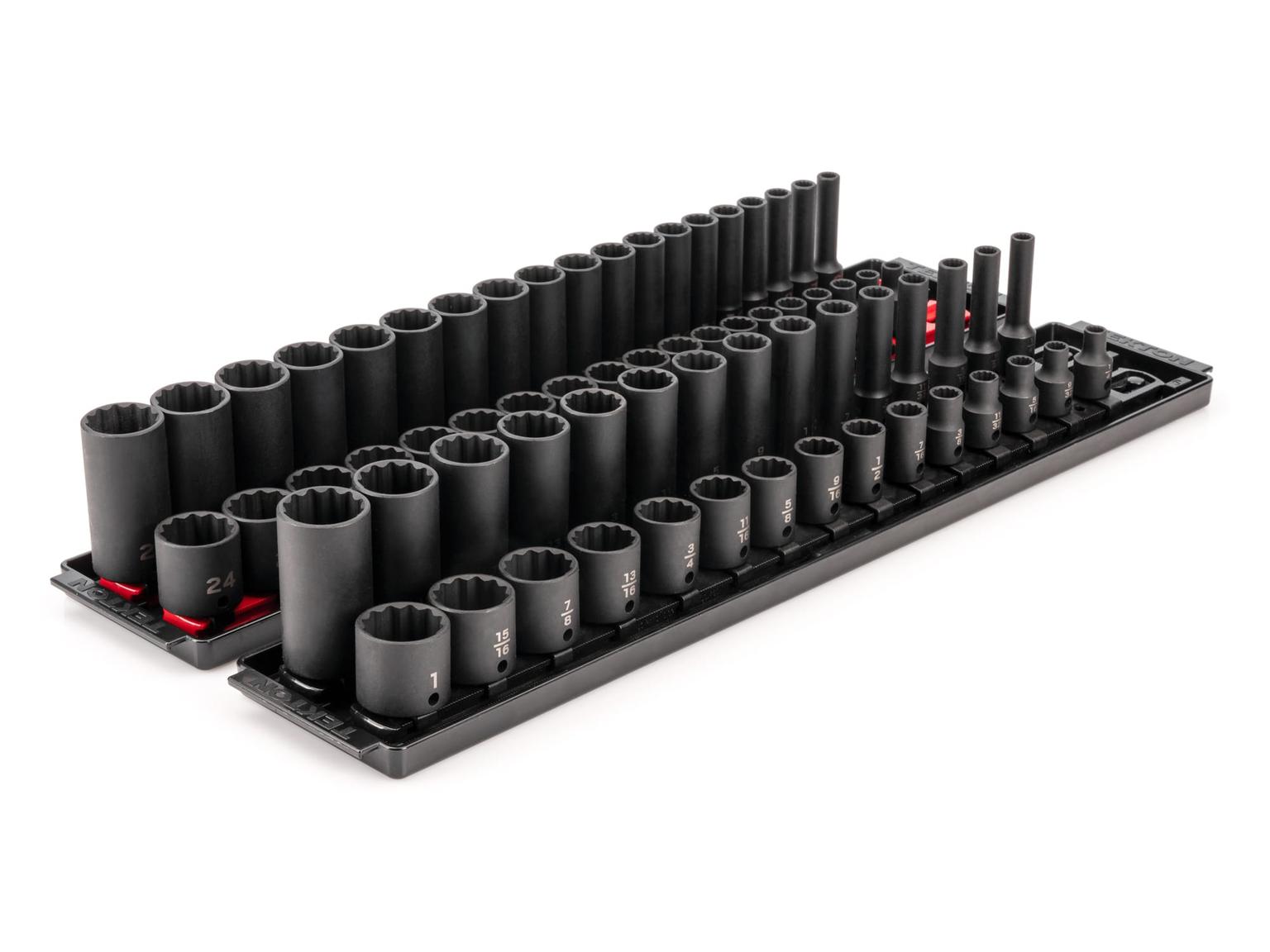 TEKTON SID91219-T 3/8 Inch Drive 12-Point Impact Socket Set with Rails, 68-Piece (1/4-1 in., 6-24 mm)