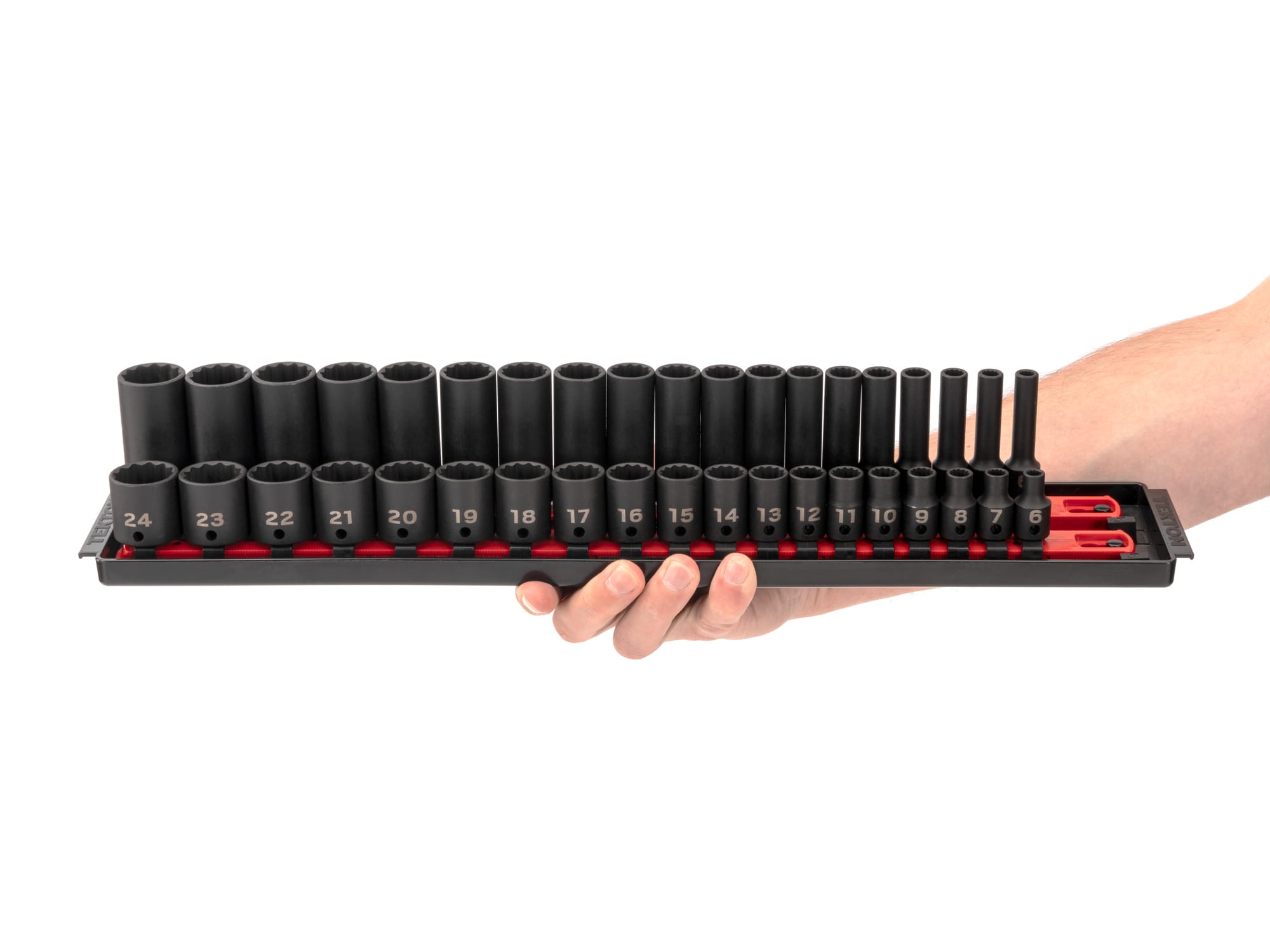 TEKTON 3/8" Drive Deep 12-Point Impact Socket Set - 12-Piece (8-19mm) With Rail