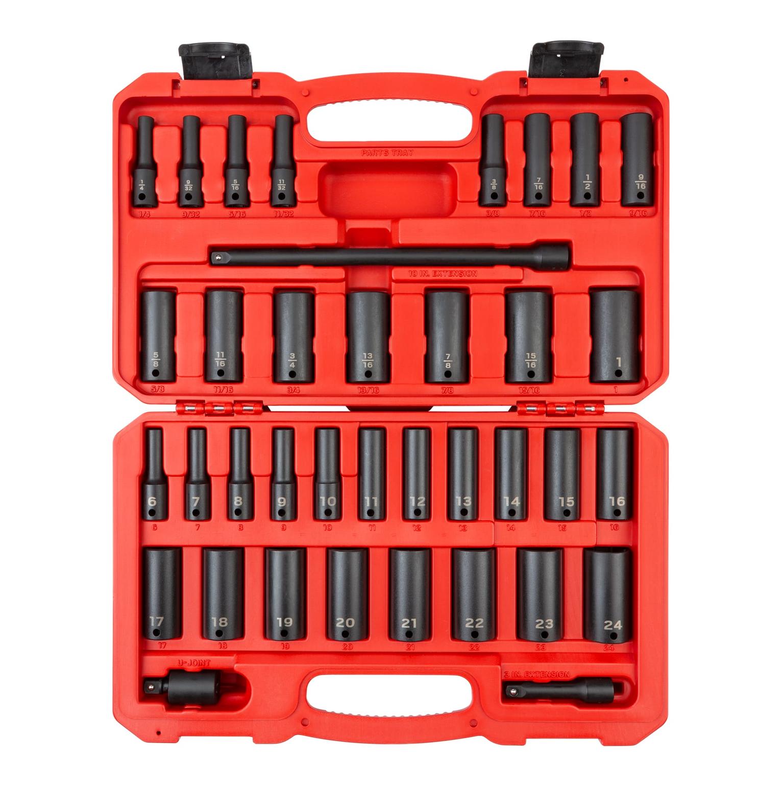 3/8 Inch Drive Deep 6-Point Impact Socket Set, 37-Piece (1/4-1 in., 6-24 mm)