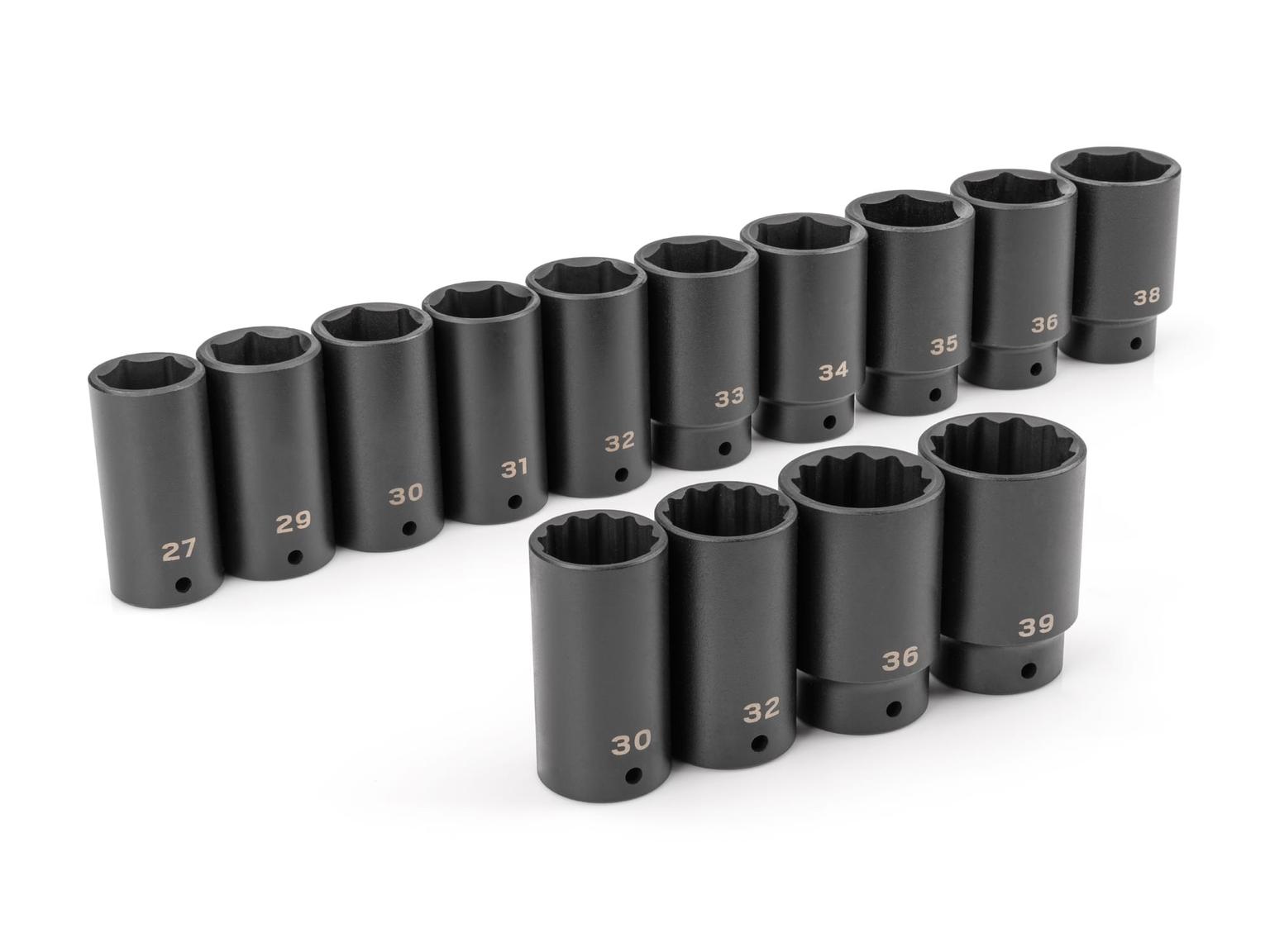 TEKTON SID92002-T 1/2 Inch Drive Deep 6-Point and 12-Point Axle Nut Impact Socket Set, 14-Piece (27-39 mm)