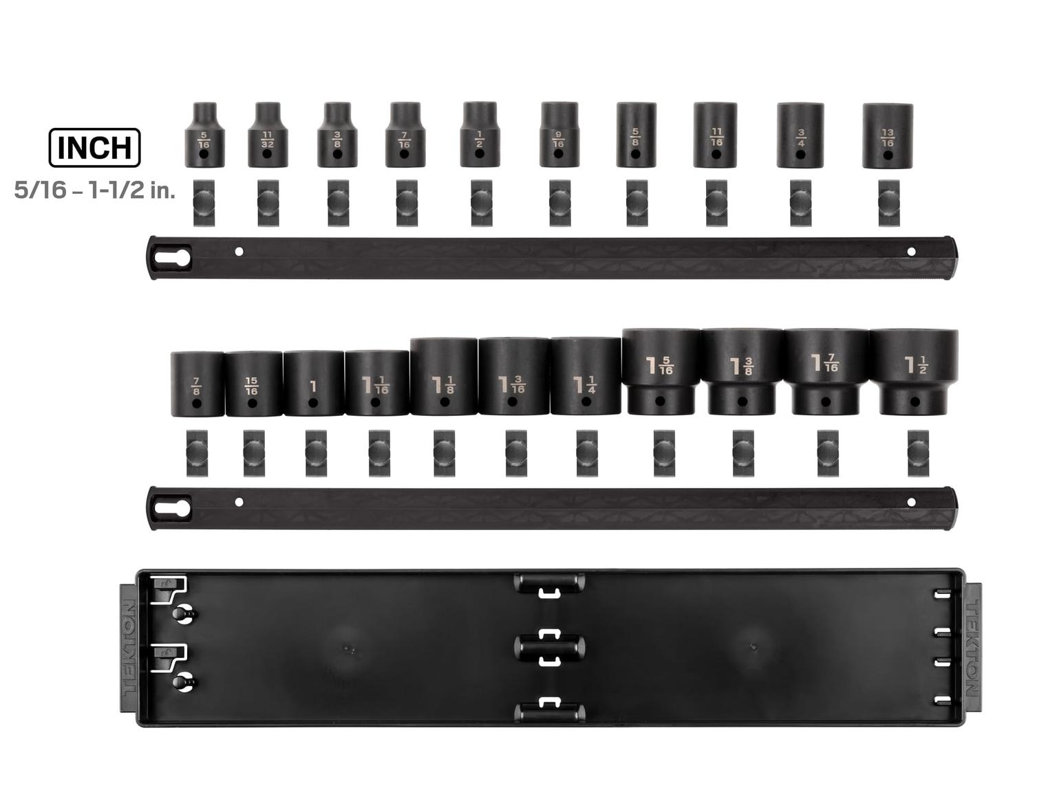 TEKTON SID92102-T 1/2 Inch Drive 6-Point Impact Socket Set with Rails, 21-Piece (5/16-1-1/2 in.)