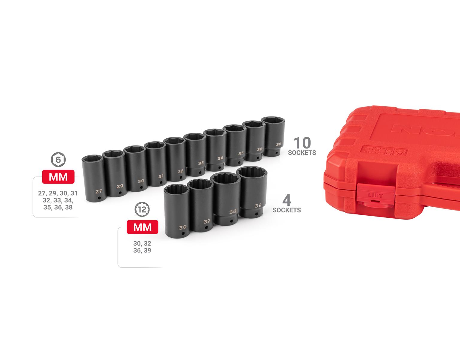 TEKTON SID92341-D 1/2 Inch Drive Deep 6-Point and 12-Point Axle Nut Impact Socket Set with Case, 14-Piece (27-39 mm)