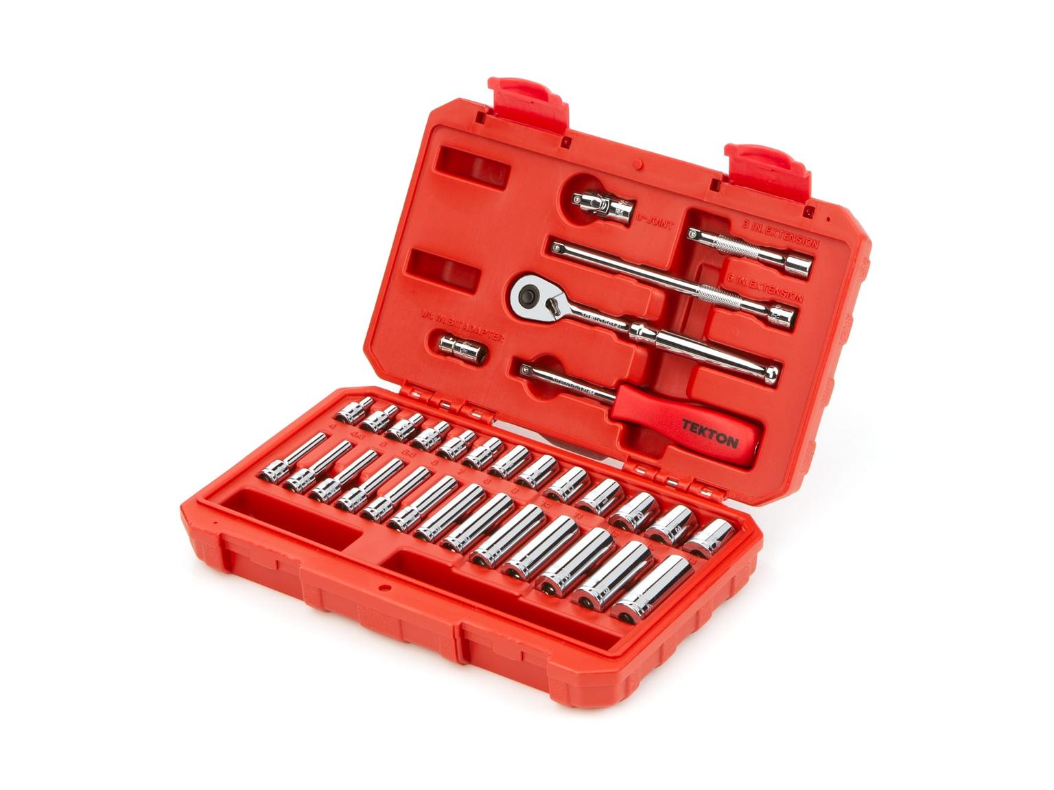 TEKTON SKT05201-D 1/4 Inch Drive 6-Point Socket and Ratchet Set, 33-Piece (4-14 mm)