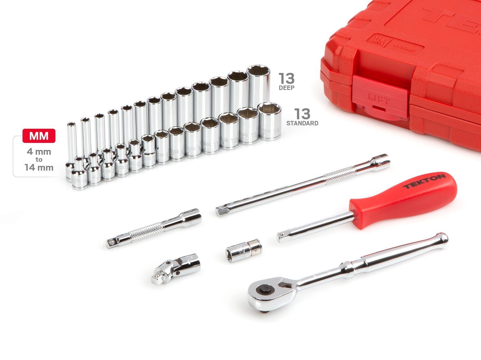 TEKTON SKT05201-D 1/4 Inch Drive 6-Point Socket and Ratchet Set, 33-Piece (4-14 mm)