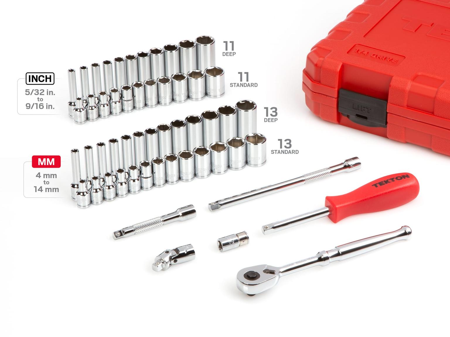 TEKTON SKT05301-D 1/4 Inch Drive 6-Point Socket and Ratchet Set, 55-Piece (5/32-9/16 in., 4-14 mm)