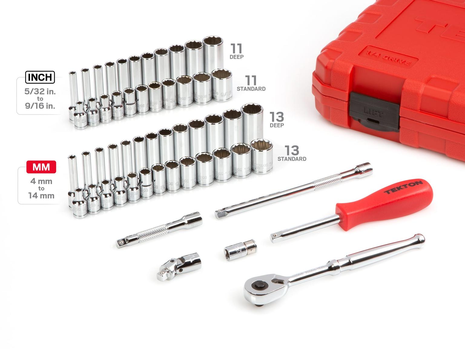 TEKTON SKT05302-D 1/4 Inch Drive 12-Point Socket and Ratchet Set, 55-Piece (5/32-9/16 in., 4-14 mm)