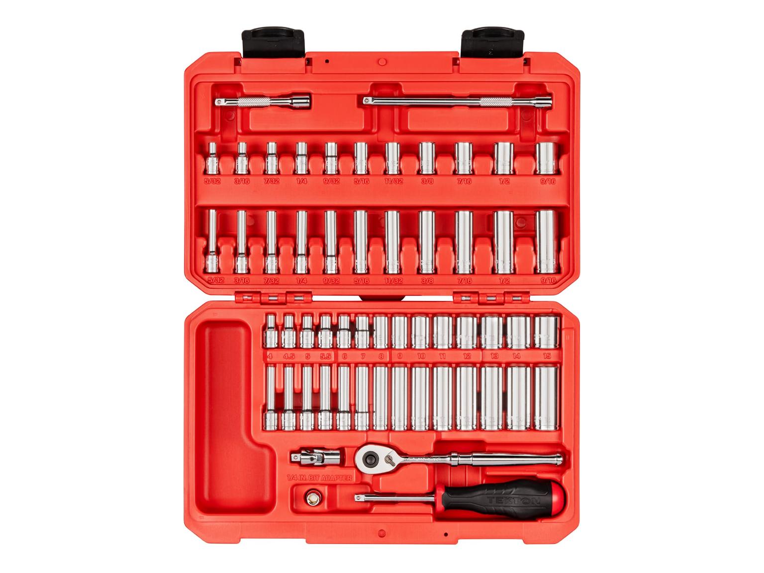 TEKTON SKT05304-D 1/4 Inch Drive 12-Point Socket and Ratchet Set, 56-Piece (5/32 - 9/16 in., 4 - 15 mm)