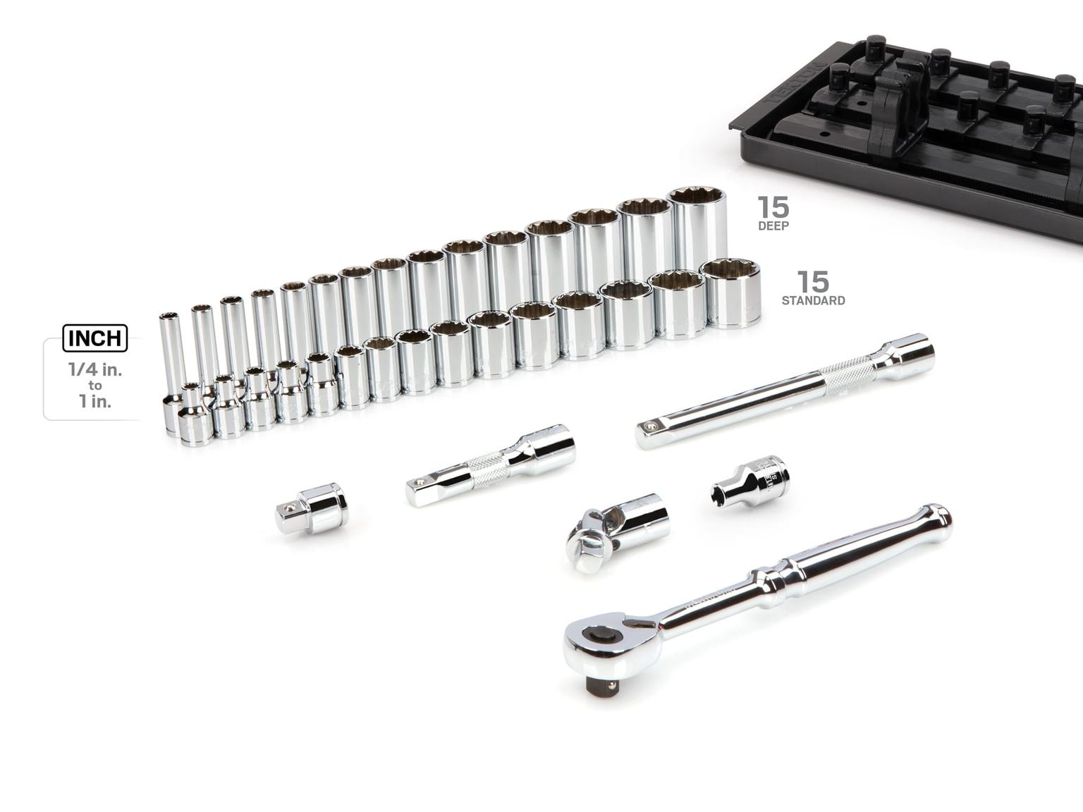 TEKTON SKT13102-T 3/8 Inch Drive 12-Point Socket and Ratchet Set with Rails, 36-Piece (1/4-1 in.)