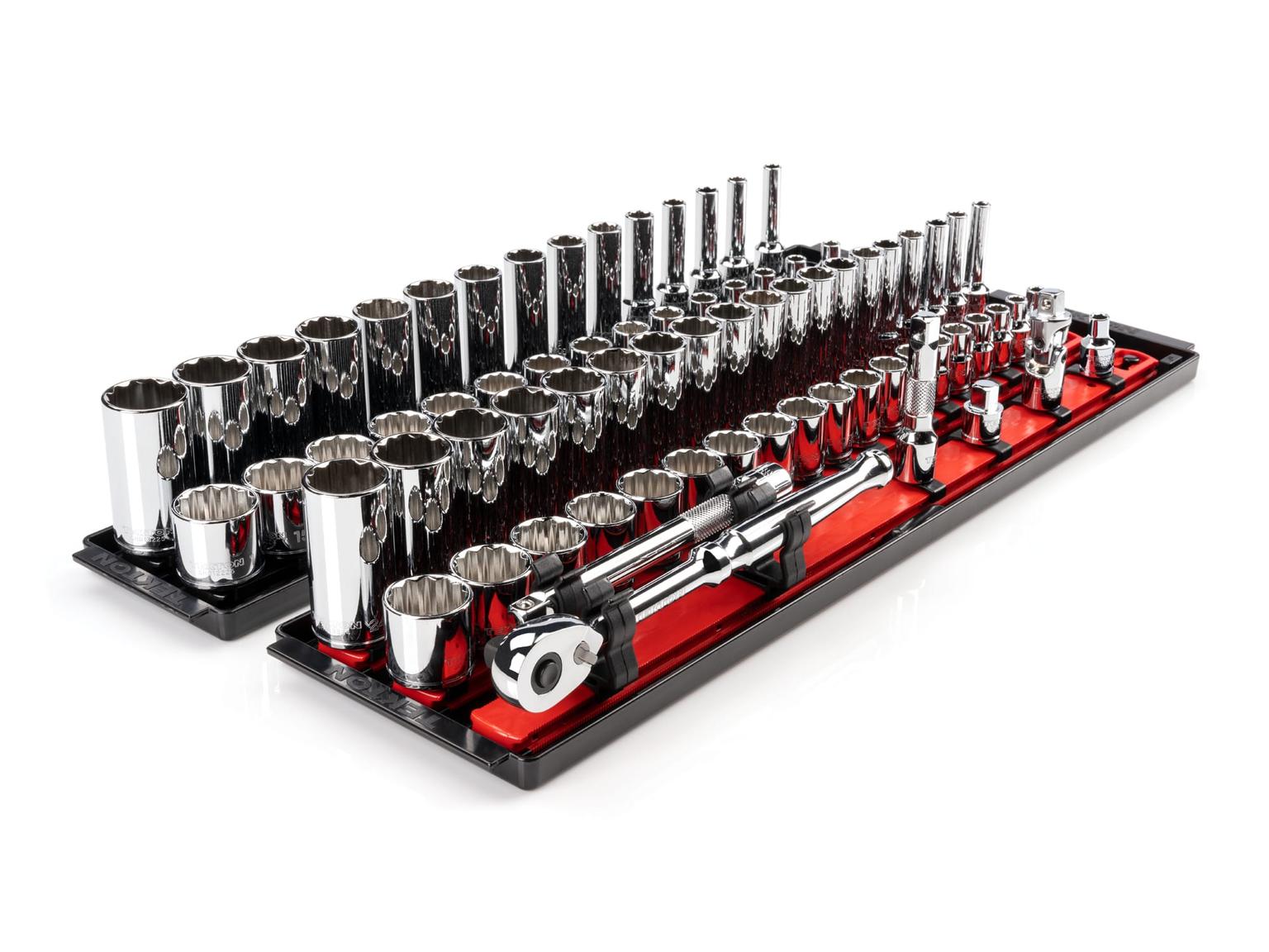 TEKTON SKT13302-T 3/8 Inch Drive 12-Point Socket and Ratchet Set with Rails, 74-Piece (1/4-1 in., 6-24 mm)