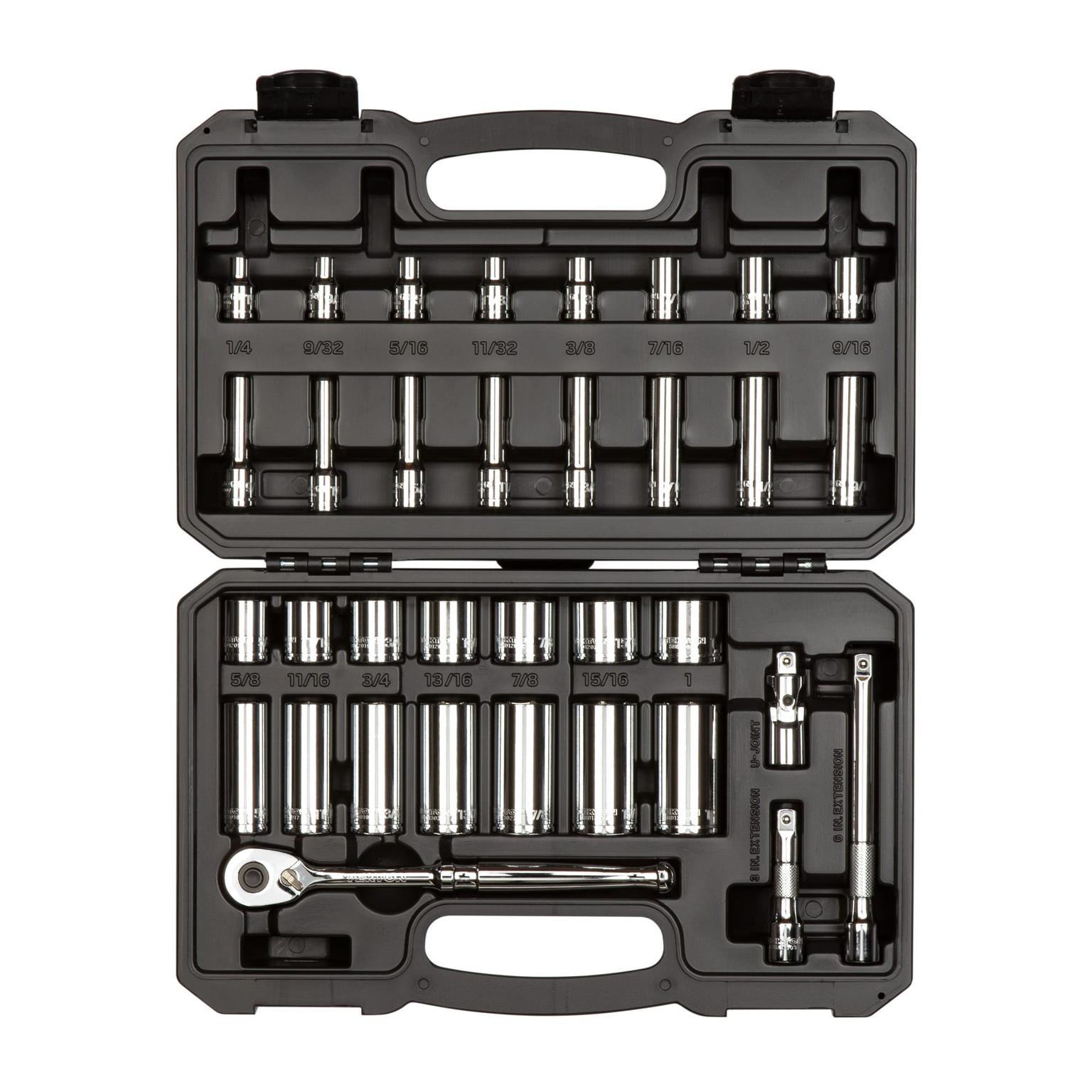 TEKTON SKT15101-D 3/8 Inch Drive 6-Point Socket and Ratchet Set, 34-Piece (1/4-1 in.)