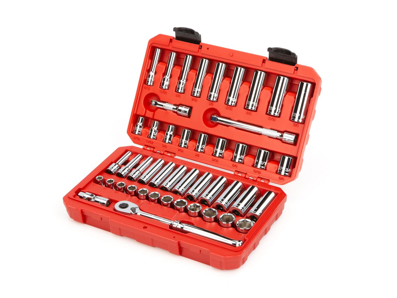 TEKTON SKT15301-D 3/8 Inch Drive 6-Point Socket and Ratchet Set, 46-Piece (5/16-3/4 in., 8-19 mm)