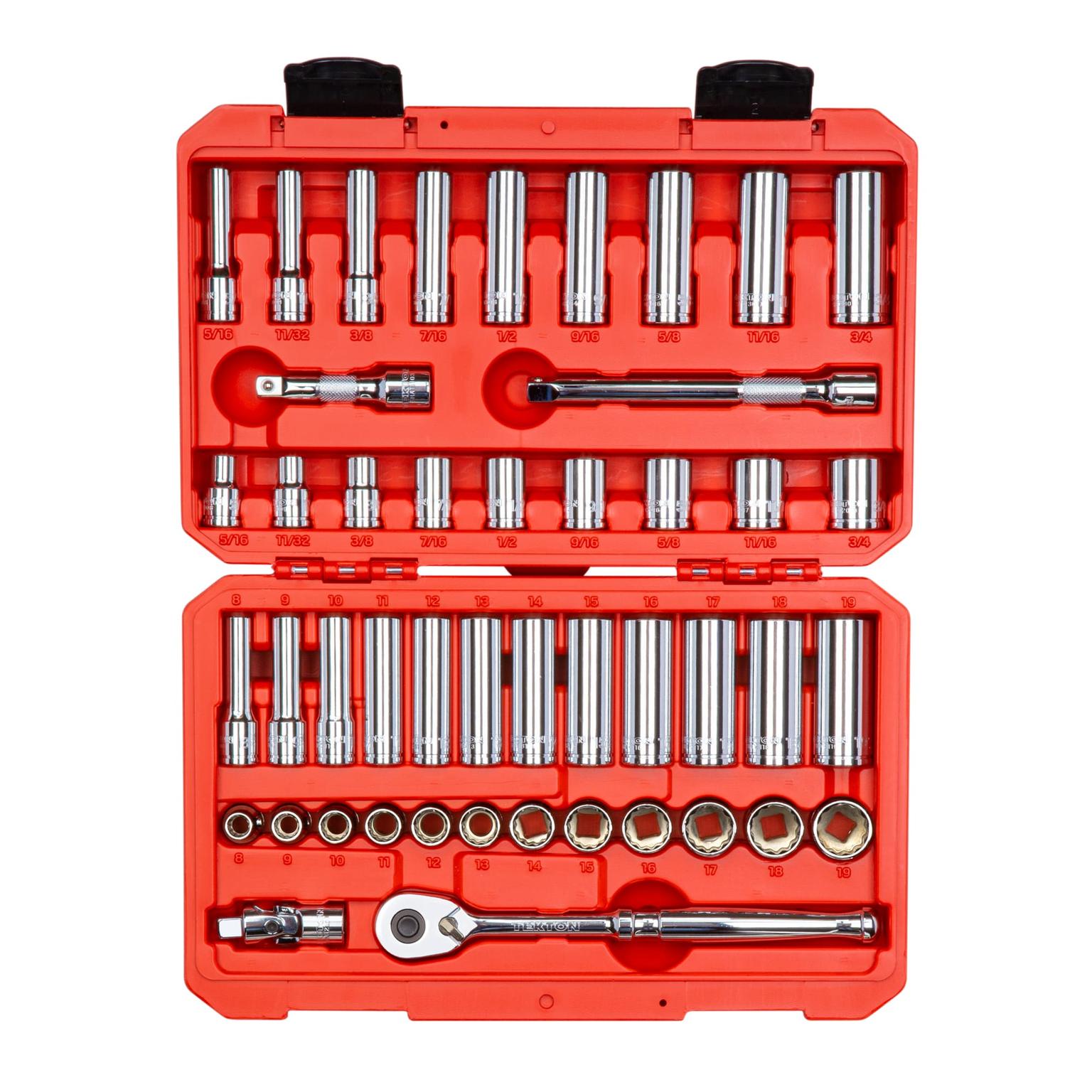 TEKTON SKT15302-D 3/8 Inch Drive 12-Point Socket and Ratchet Set, 46-Piece (5/16-3/4 in., 8-19 mm)