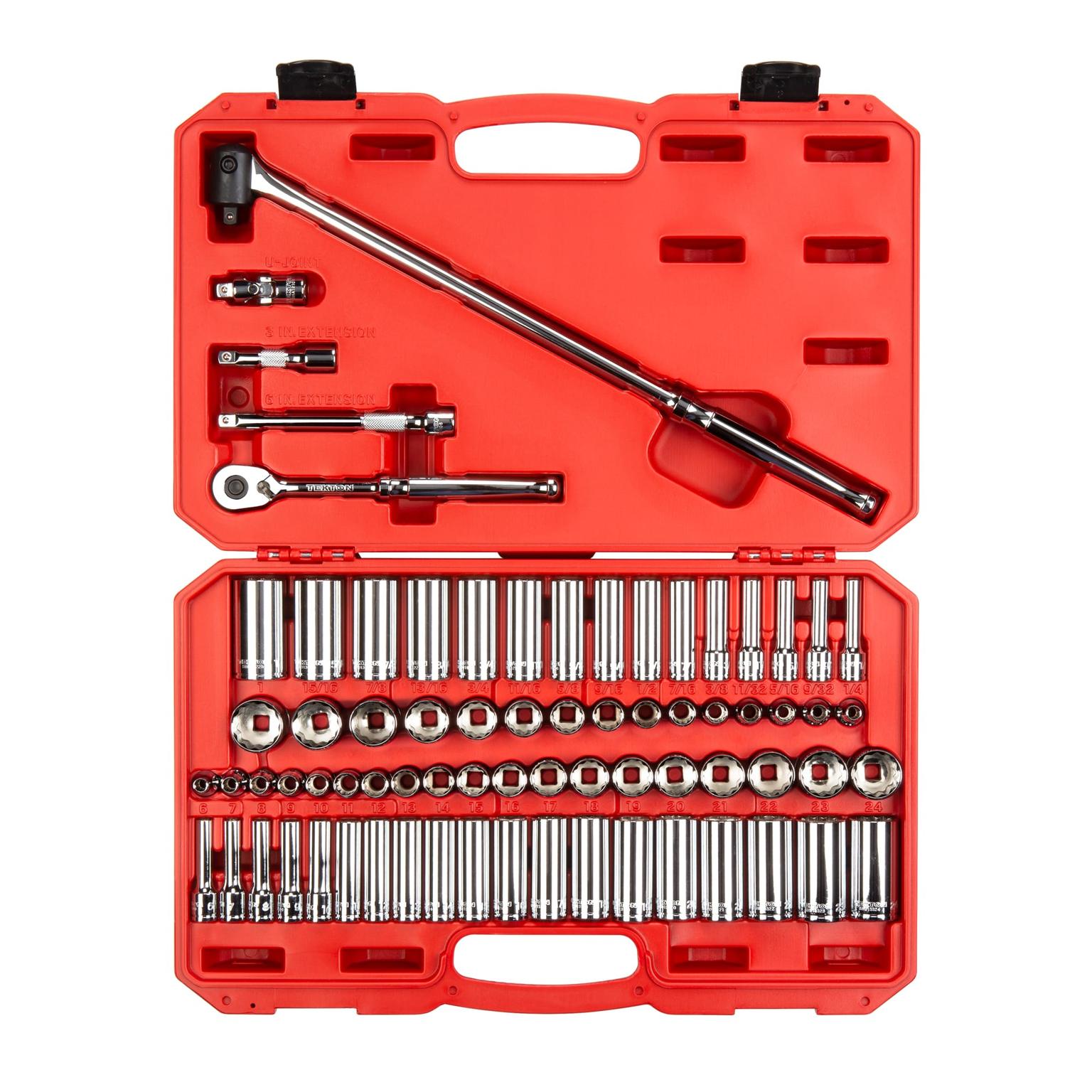 TEKTON SKT15312-D 3/8 Inch Drive 12-Point Socket and Ratchet Set, 73-Piece (1/4-1 in., 6-24 mm)