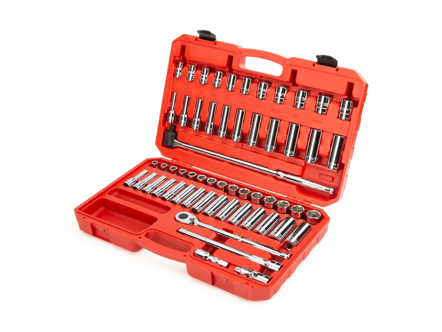 TEKTON SKT25301-D 1/2 Inch Drive 6-Point Socket and Ratchet Set, 57-Piece (3/8-1 in., 10-24 mm)