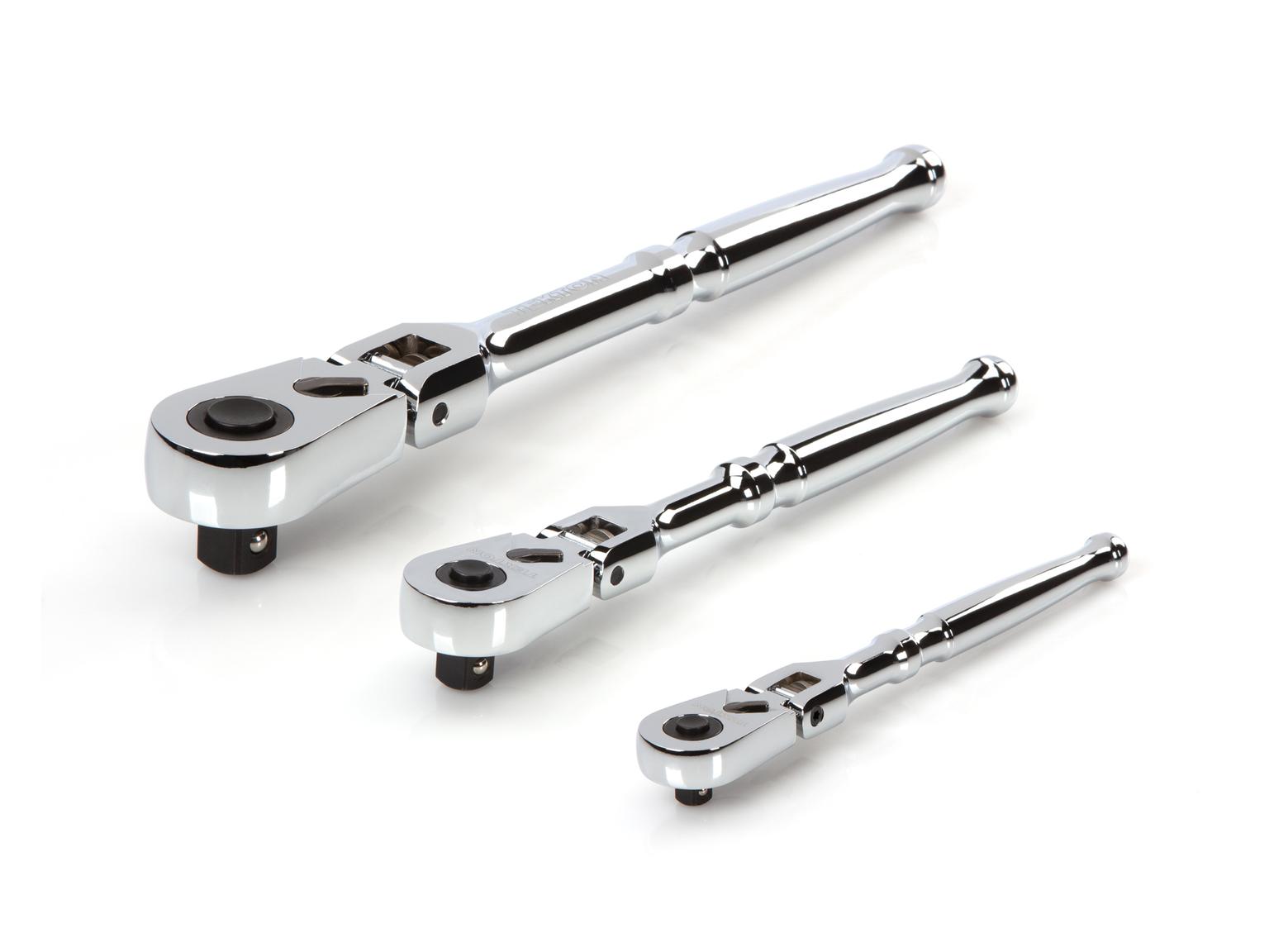 TEKTON SRH92103-T 1/4, 3/8, 1/2 Inch Drive Flex Head Quick-Release Ratchet Set (3-Piece)