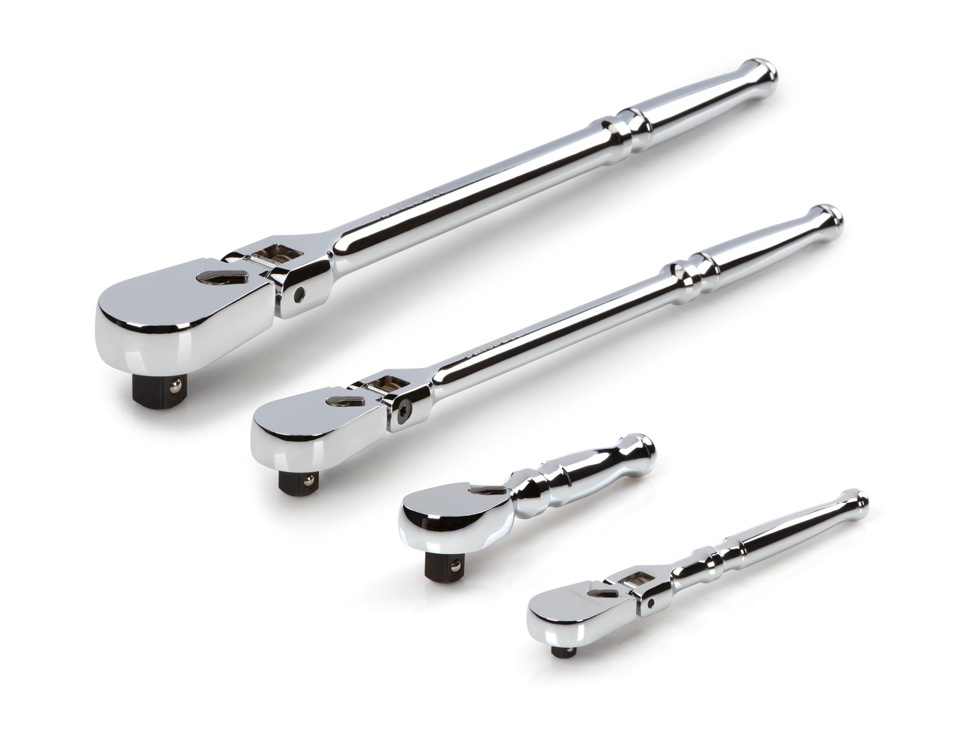 TEKTON SRH99001-T 1/4, 3/8, 1/2 Inch Drive Flex Head Ratchet Set (4-Piece)