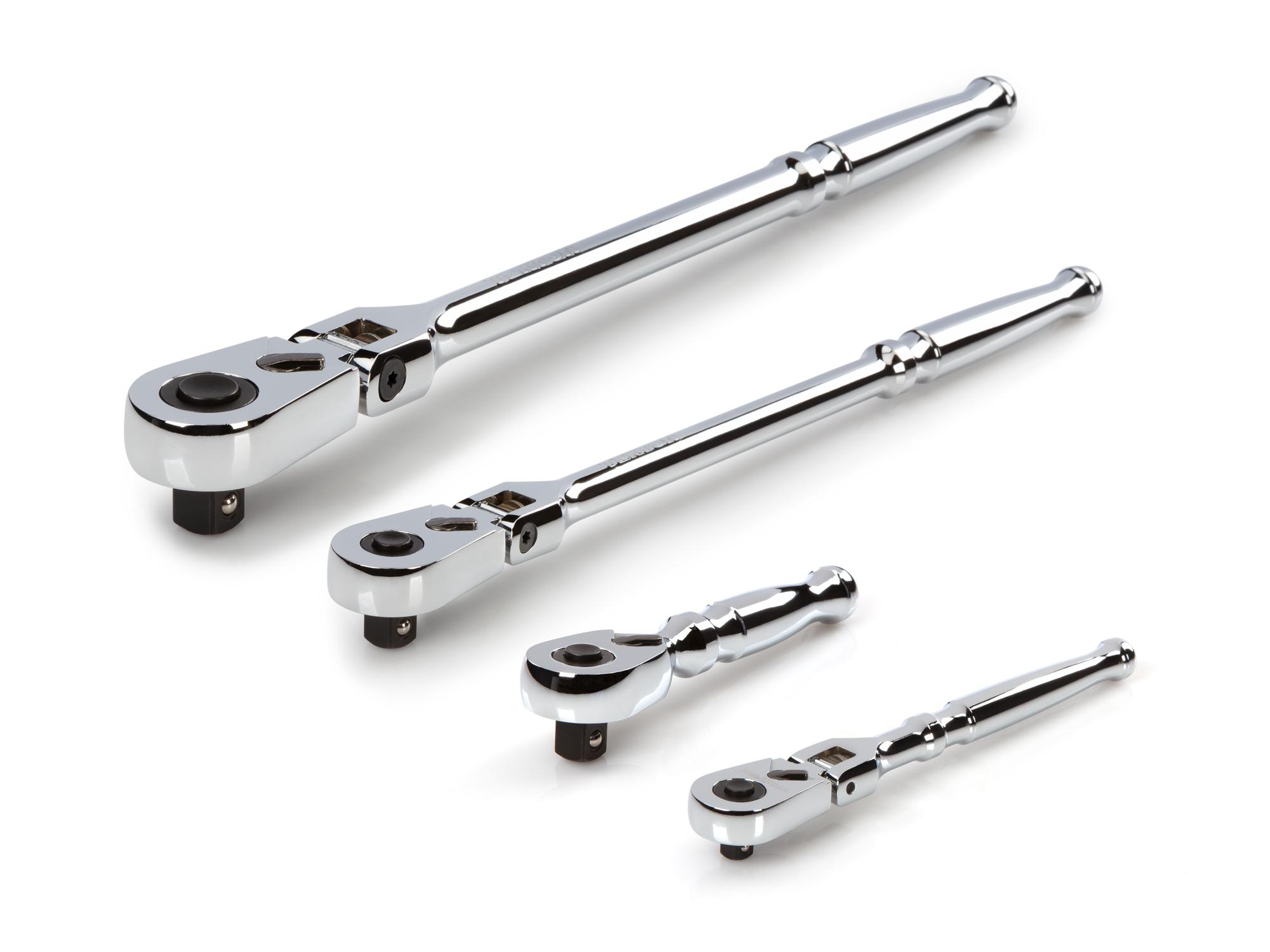TEKTON SRH99111-T 1/4, 3/8, 1/2 Inch Drive Flex Head Quick-Release Ratchet Set (4-Piece)