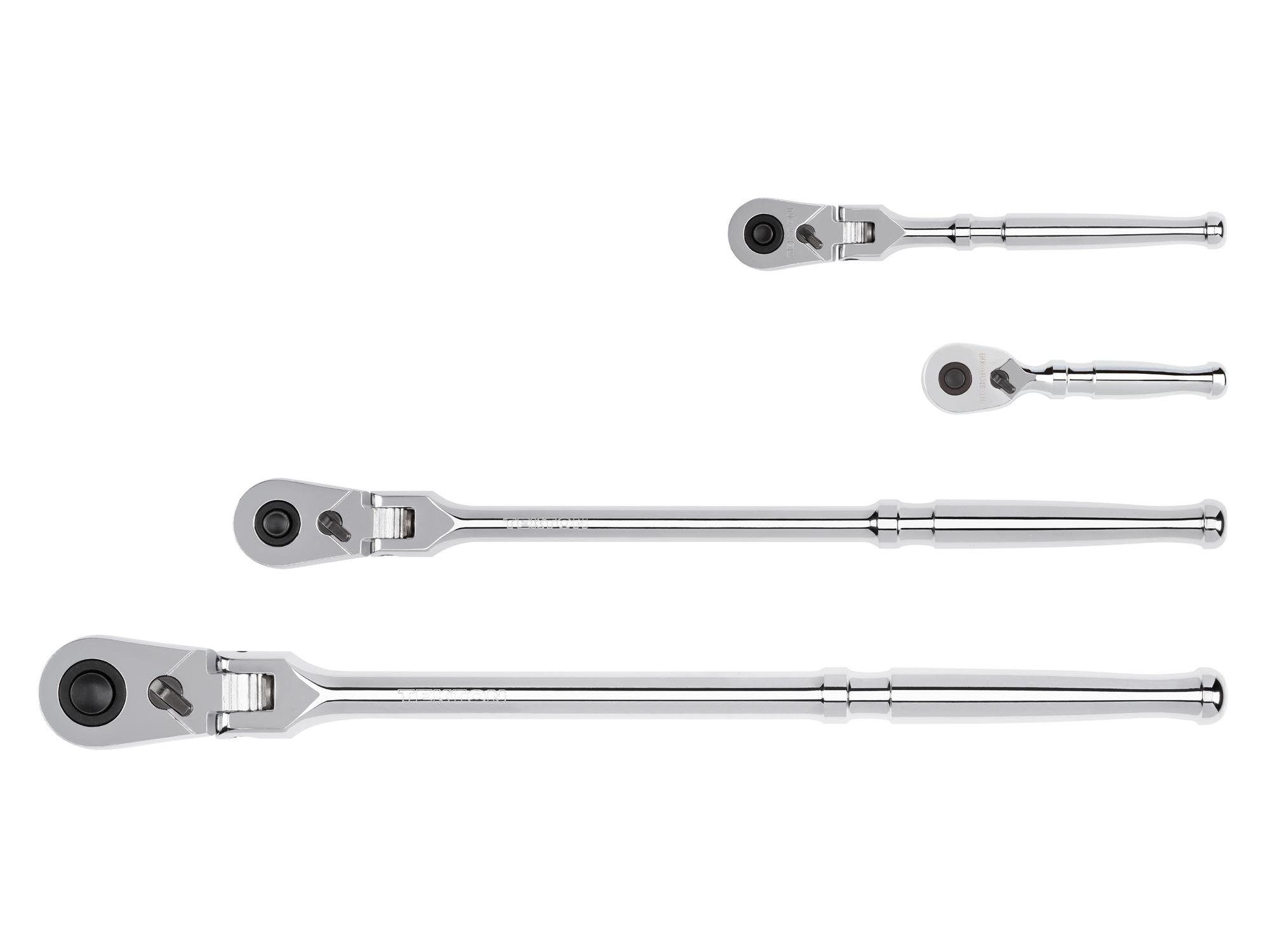 TEKTON SRH99111-T 1/4, 3/8, 1/2 Inch Drive Flex Head Quick-Release Ratchet Set (4-Piece)