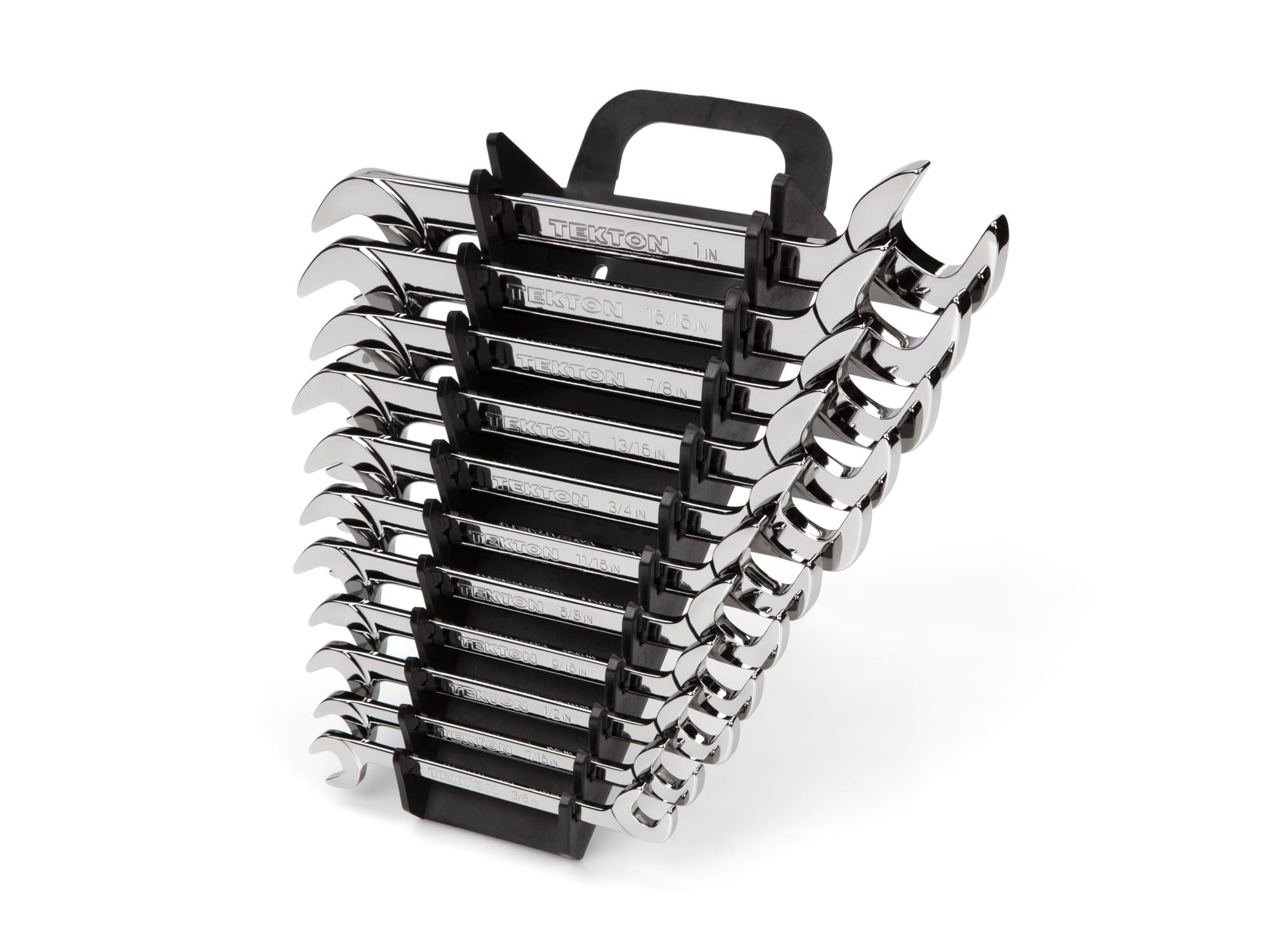 TEKTON WAE91102-T Angle Head Open End Wrench Set with Holder, 11-Piece (3/8 - 1 in.)