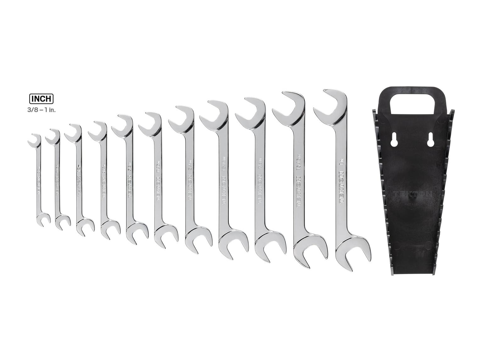 TEKTON WAE91102-T Angle Head Open End Wrench Set with Holder, 11-Piece (3/8 - 1 in.)