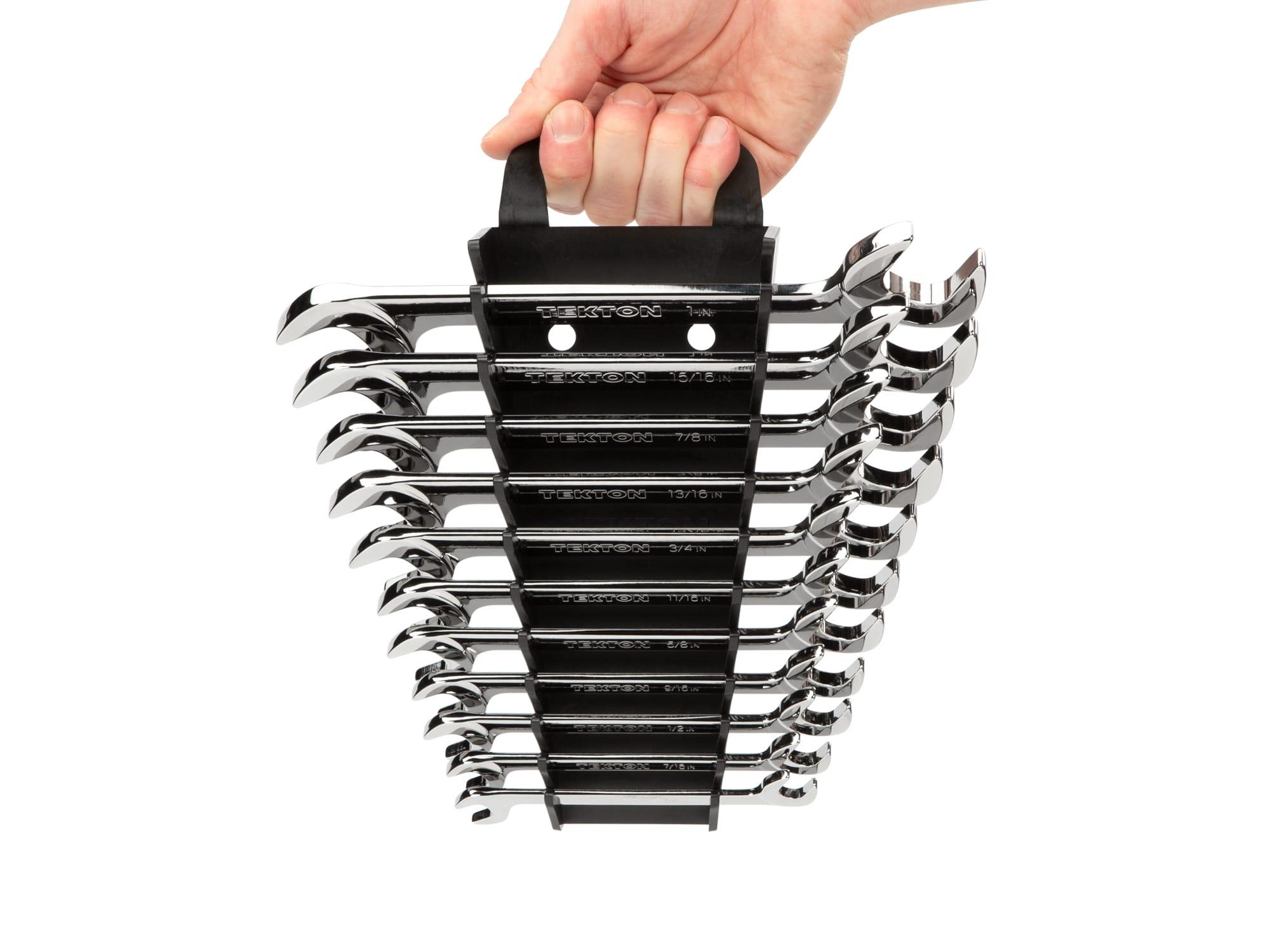 TEKTON WAE91102-T Angle Head Open End Wrench Set with Holder, 11-Piece (3/8 - 1 in.)