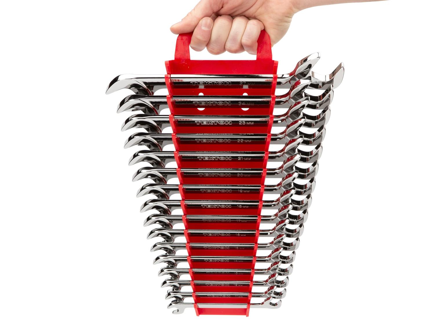 TEKTON WAE91302-T Angle Head Open End Wrench Set with Holder, 27-Piece (3/8 - 1 in., 10 - 27 mm)