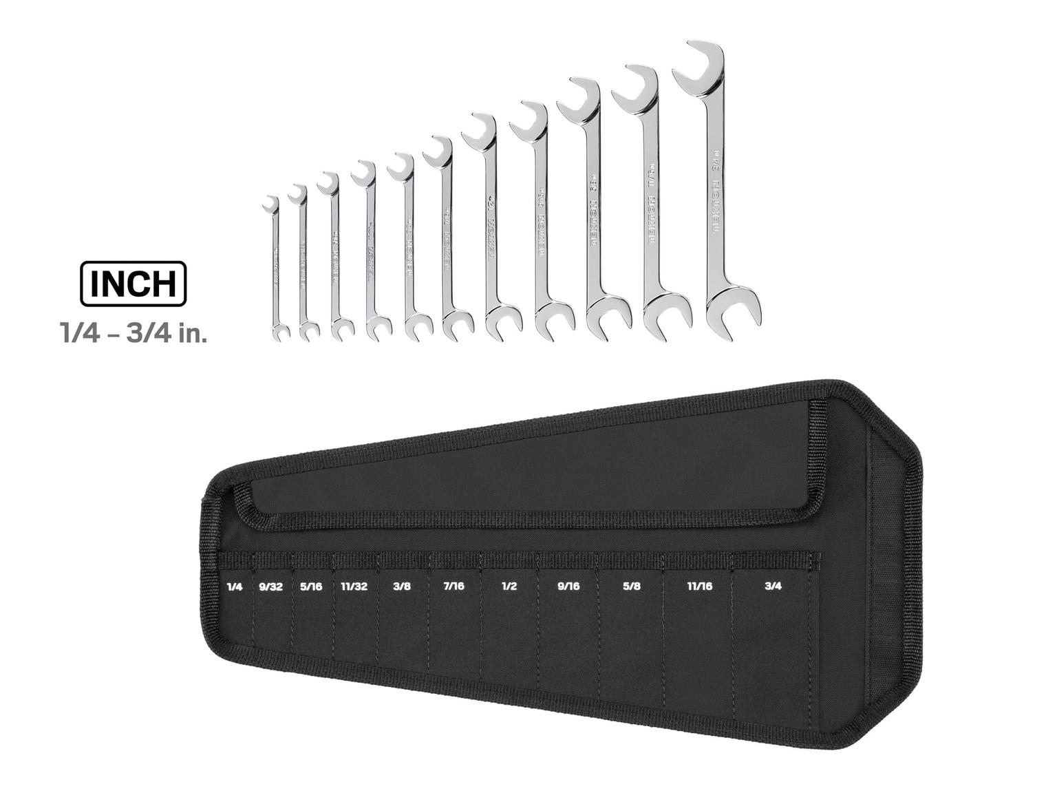 TEKTON WAE92101-T Angle Head Open End Wrench Set with Pouch, 11-Piece (1/4 - 3/4 in.)