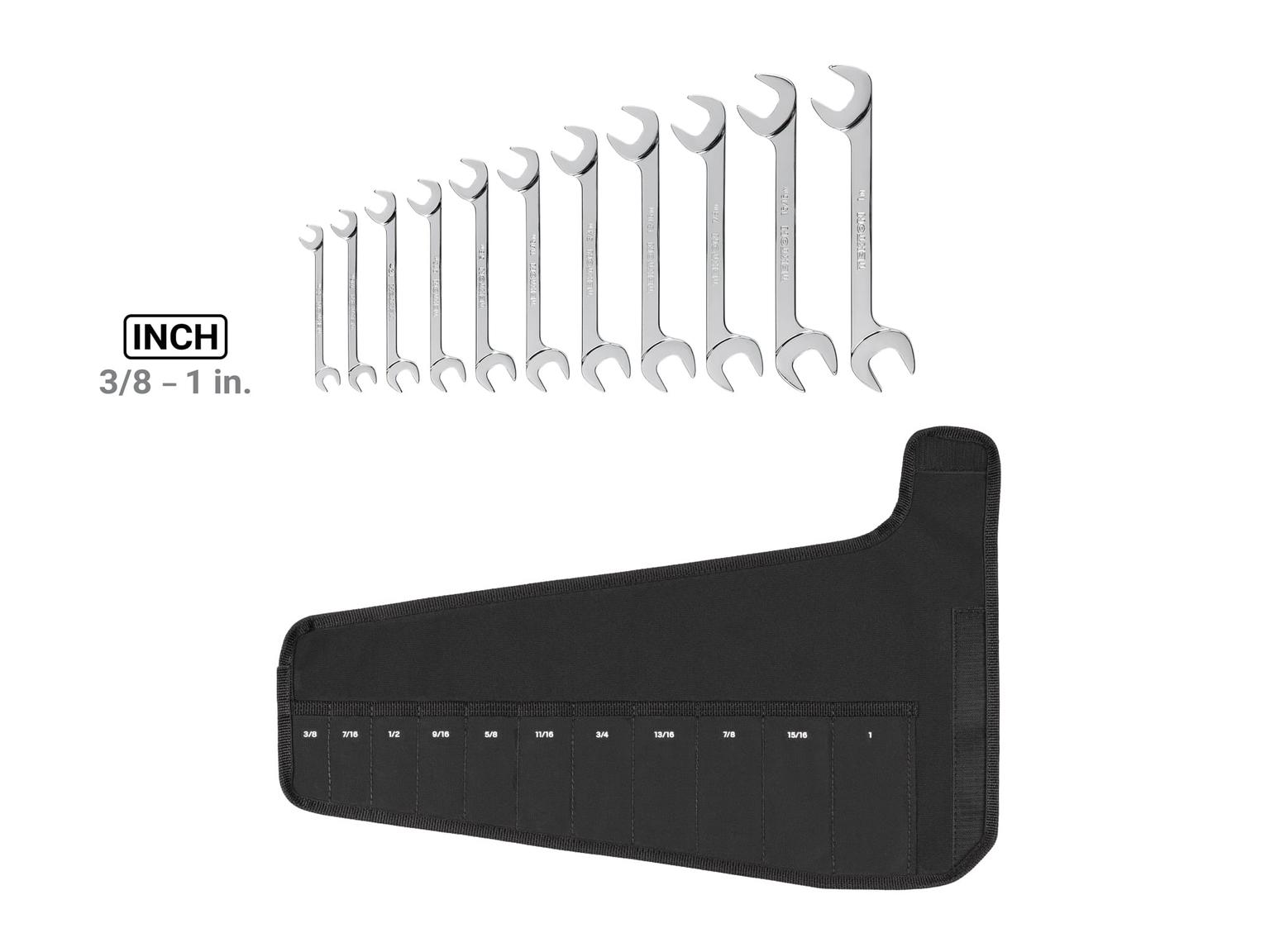 TEKTON WAE92102-T Angle Head Open End Wrench Set with Pouch, 11-Piece (3/8 - 1 in.)