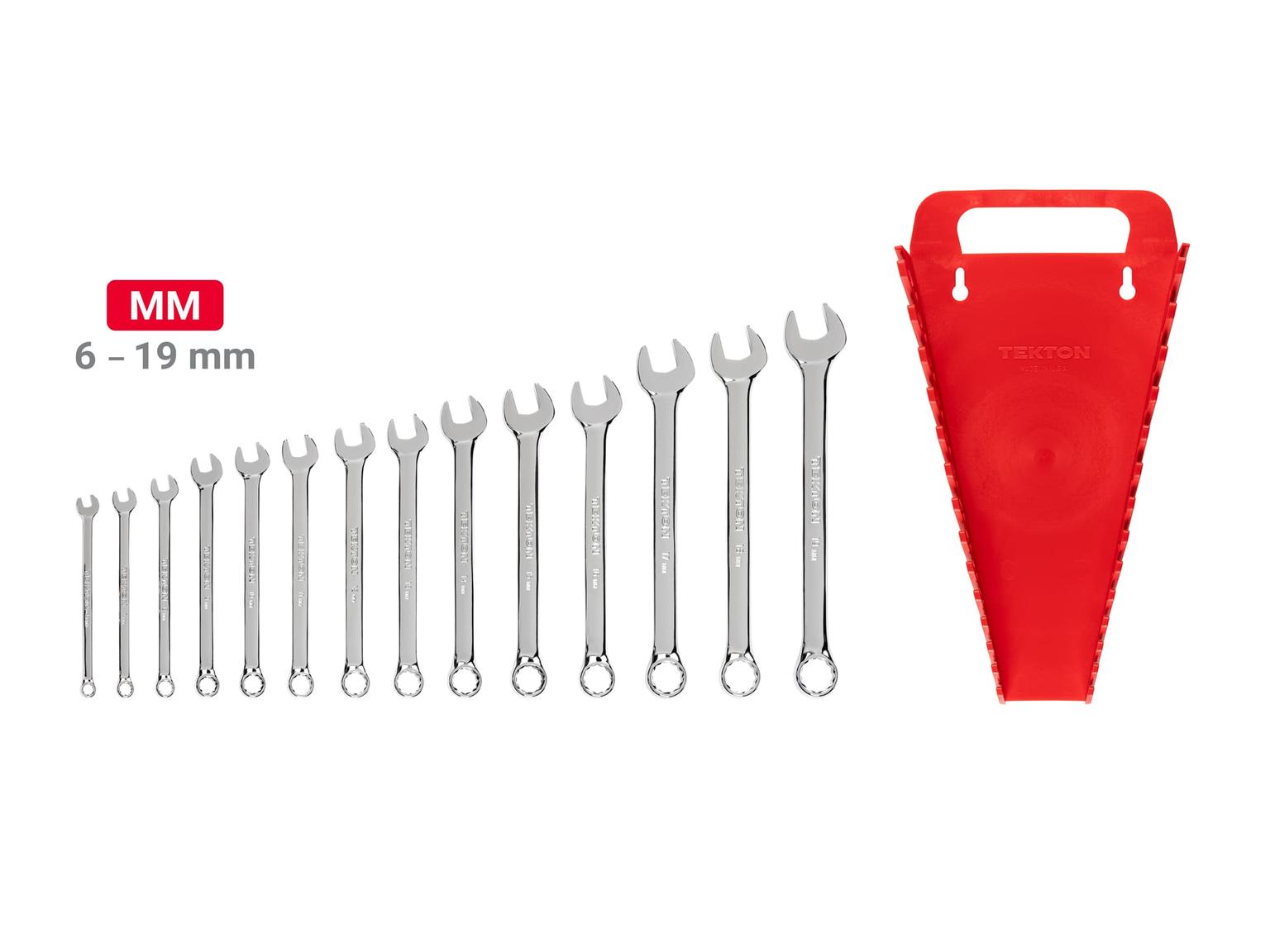 TEKTON WCB92201-T Combination Wrench Set with Holder, 14-Piece (6 - 19 mm)