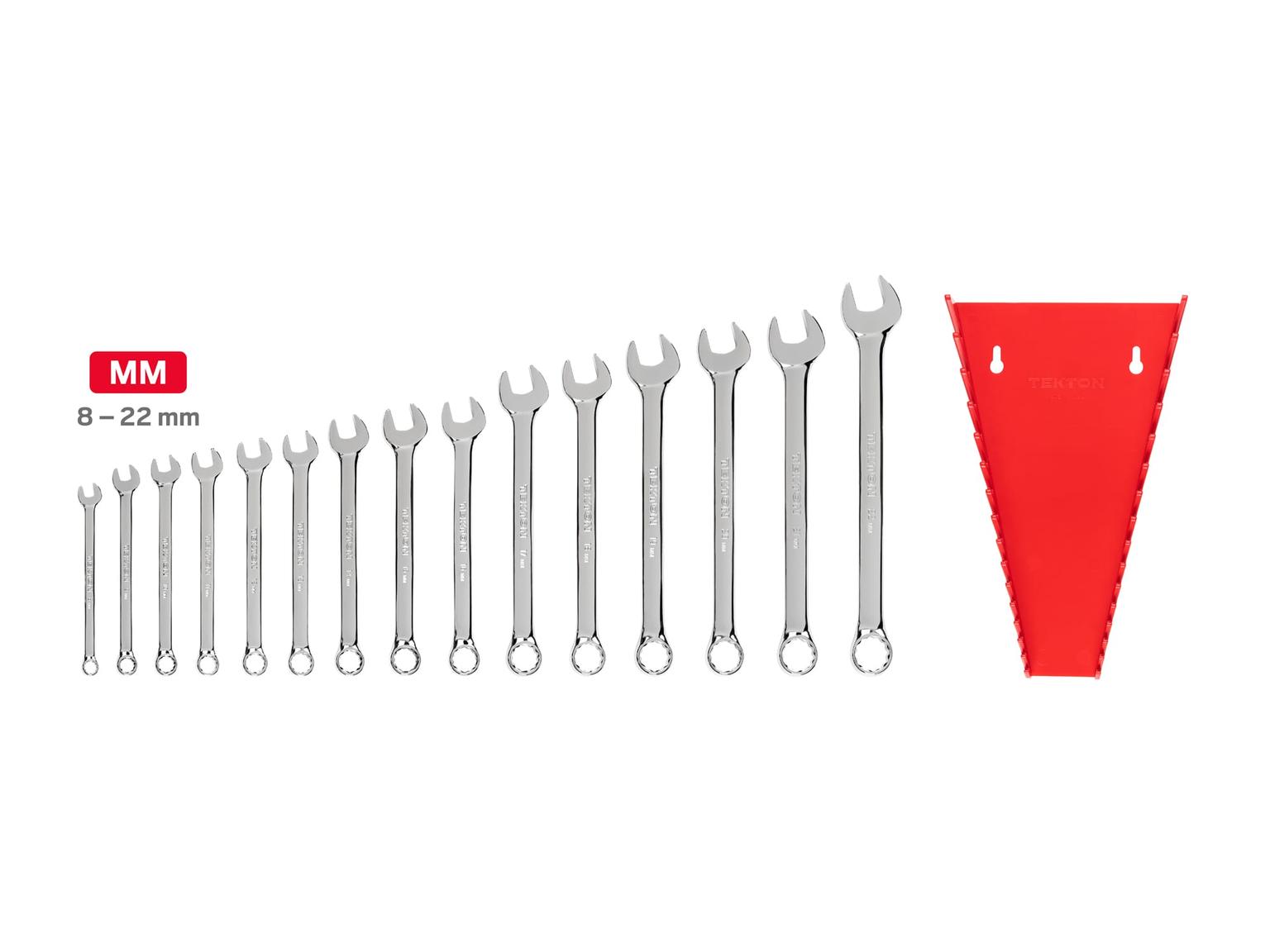 TEKTON WCB92207-T Combination Wrench Set with Rack, 15-Piece (8 - 22 mm)