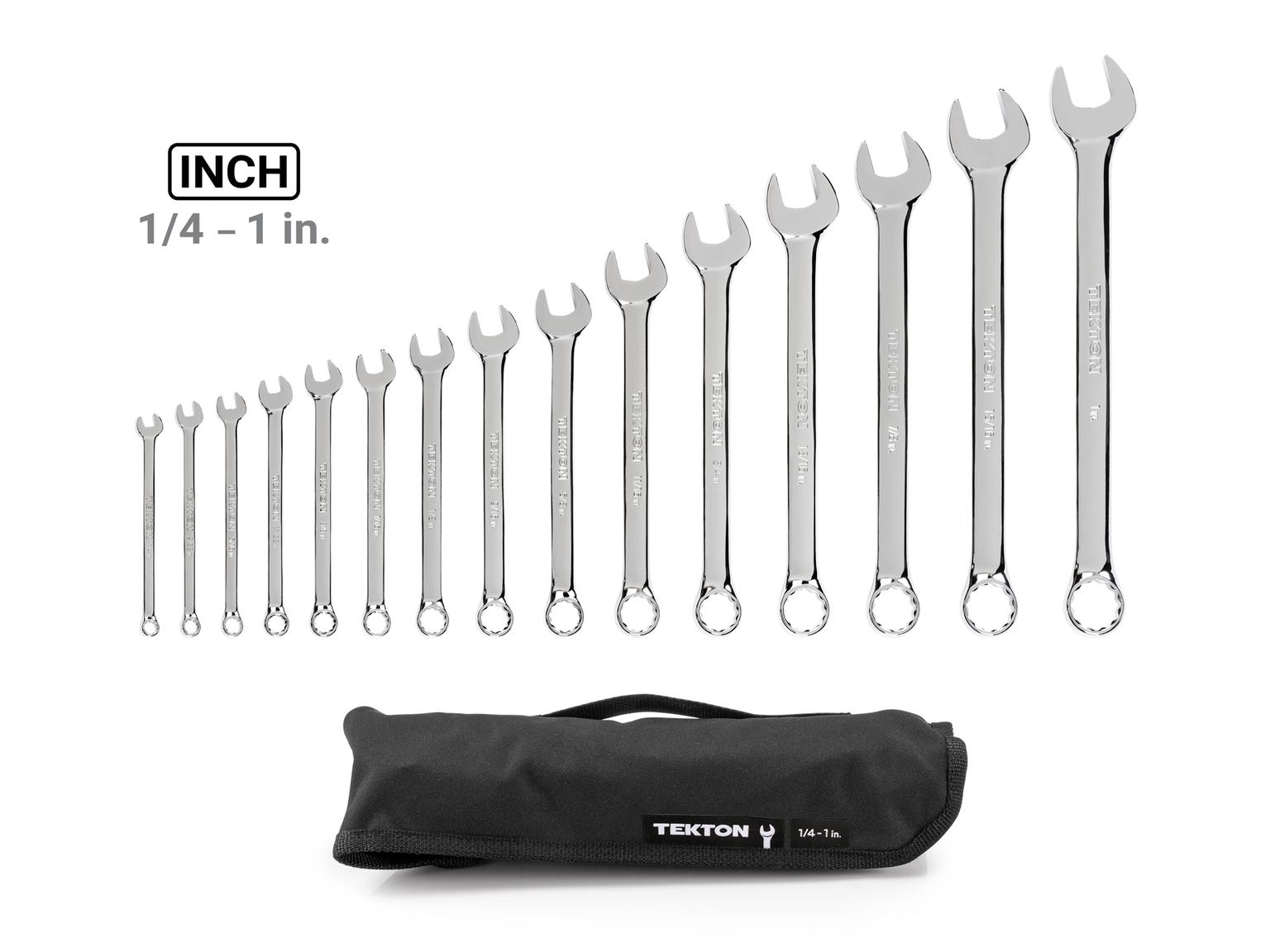 TEKTON WCB94102-T Combination Wrench Set with Pouch, 15-Piece (1/4 - 1 in.)