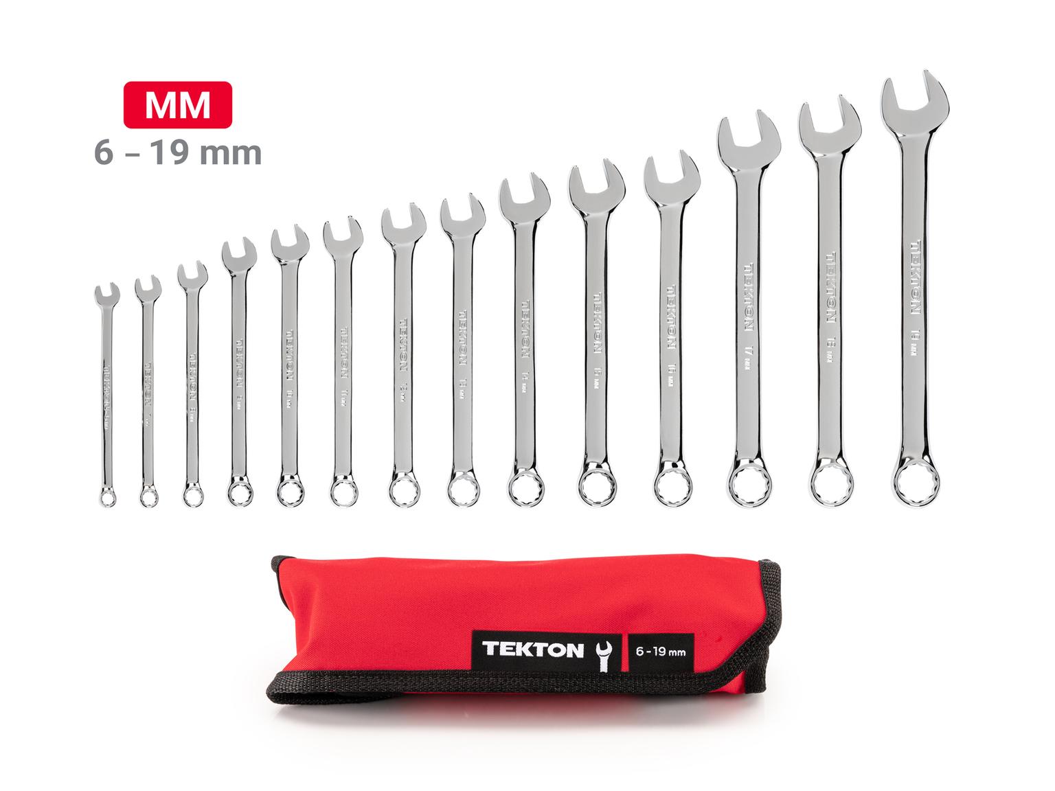 TEKTON WCB94201-T Combination Wrench Set with Pouch, 14-Piece (6 - 19 mm)