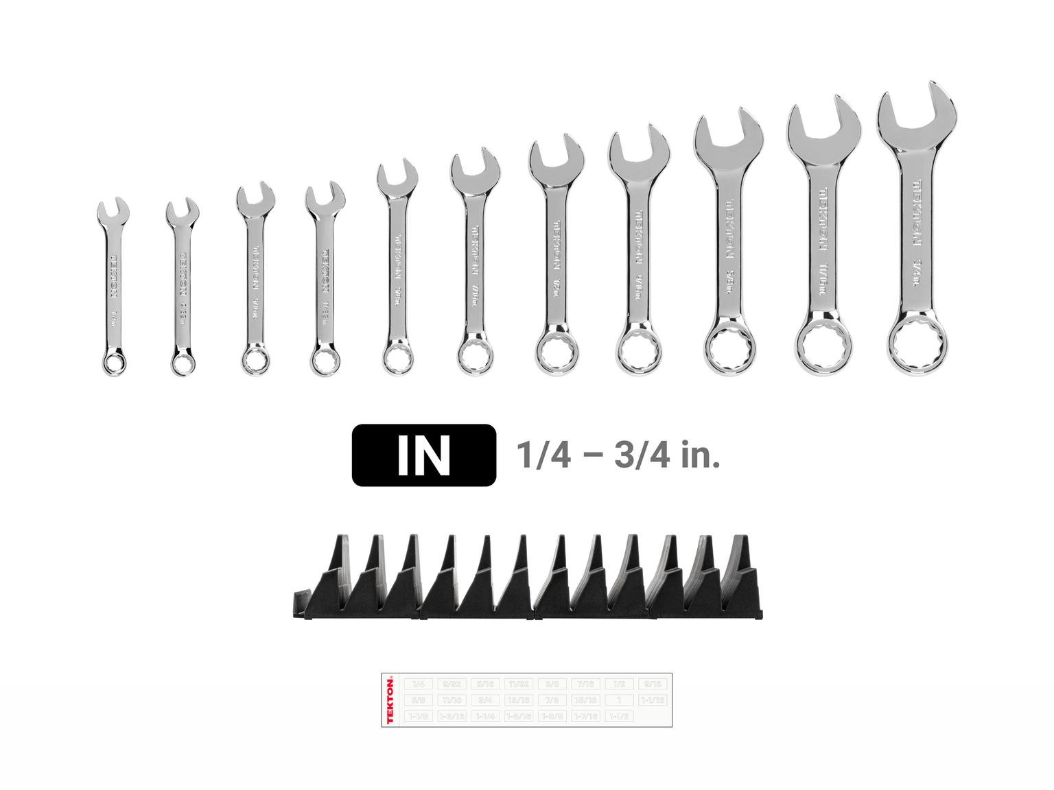 TEKTON WCB95401-T Stubby Combination Wrench Set with Modular Slotted Organizer, 11-Piece (1/4 - 3/4 in.)