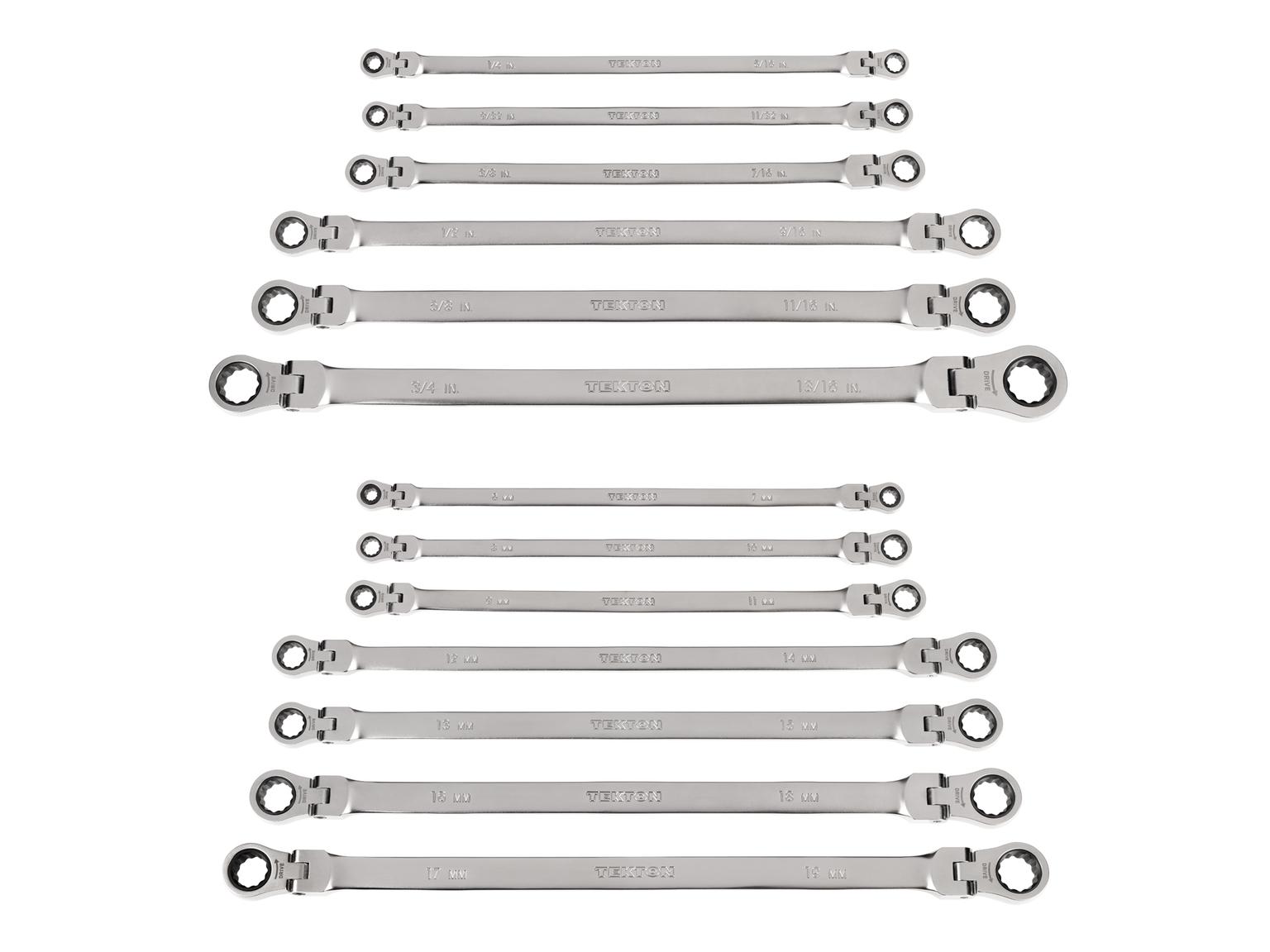 TEKTON WRB96002-T Long Flex Head 12-Point Ratcheting Box End Wrench Set, 13-Piece (1/4-13/16 in., 6-19 mm)
